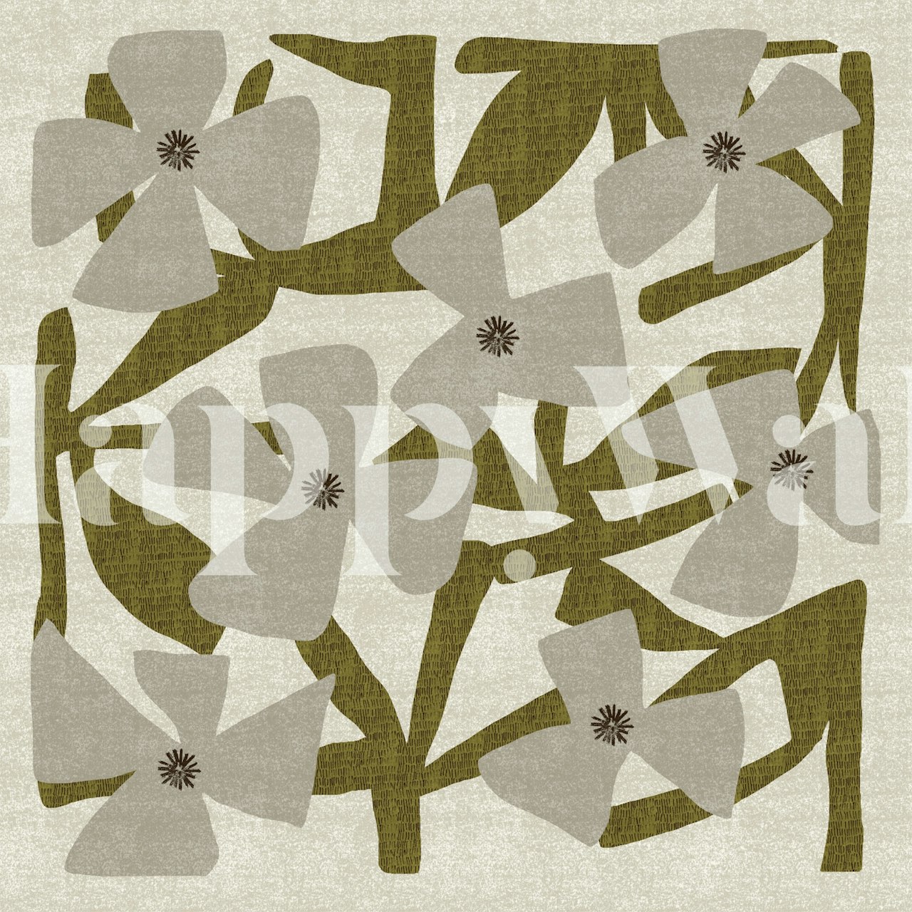 Large abstract gray-olive botanical wallpaper in a room
