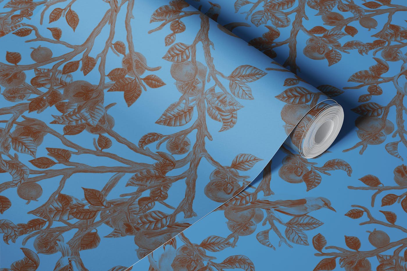 Persimmons and Indian Rollers in Blue wallpaper roll
