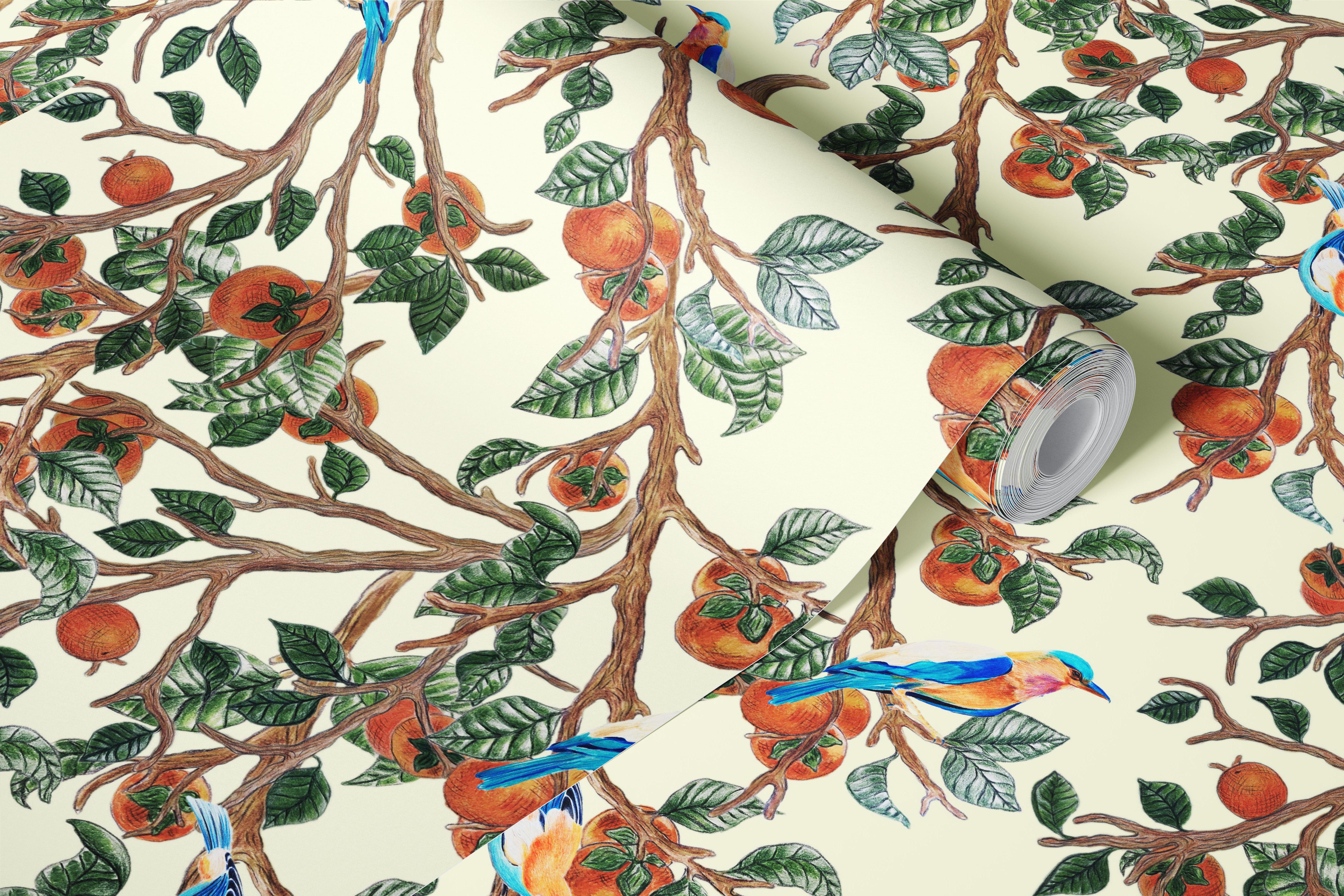 Persimmons and Indian Rollers wallpaper design