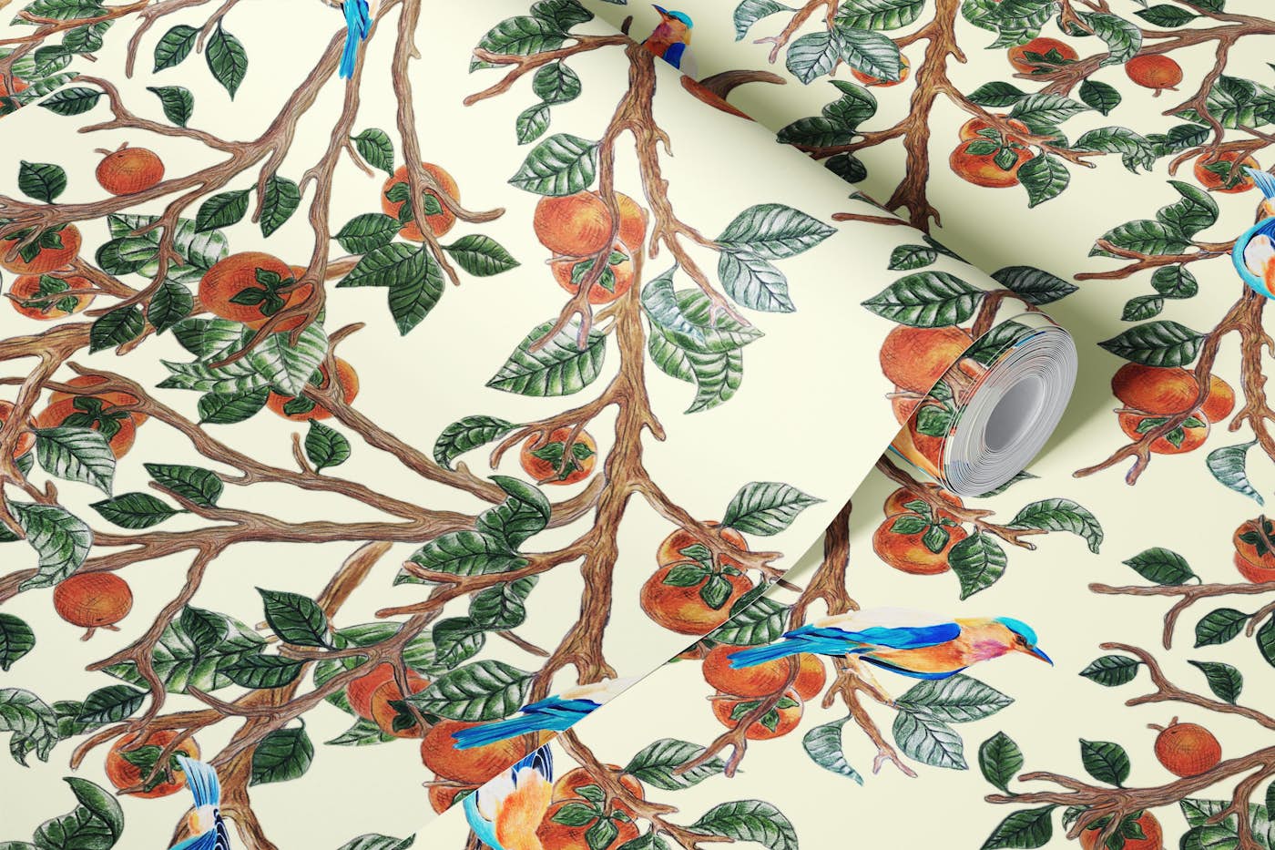 Persimmons and Indian Rollers Original Print wallpaper roll