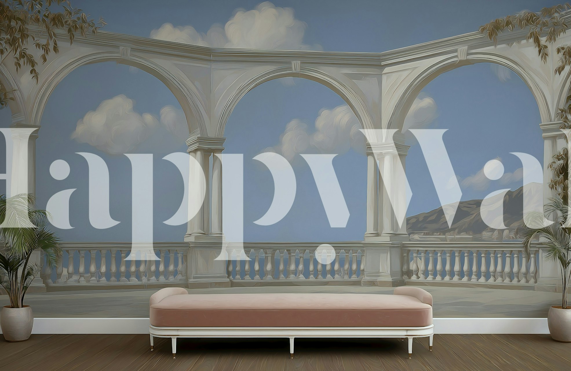 Dreamy Mediterranean View wallpaper in a room