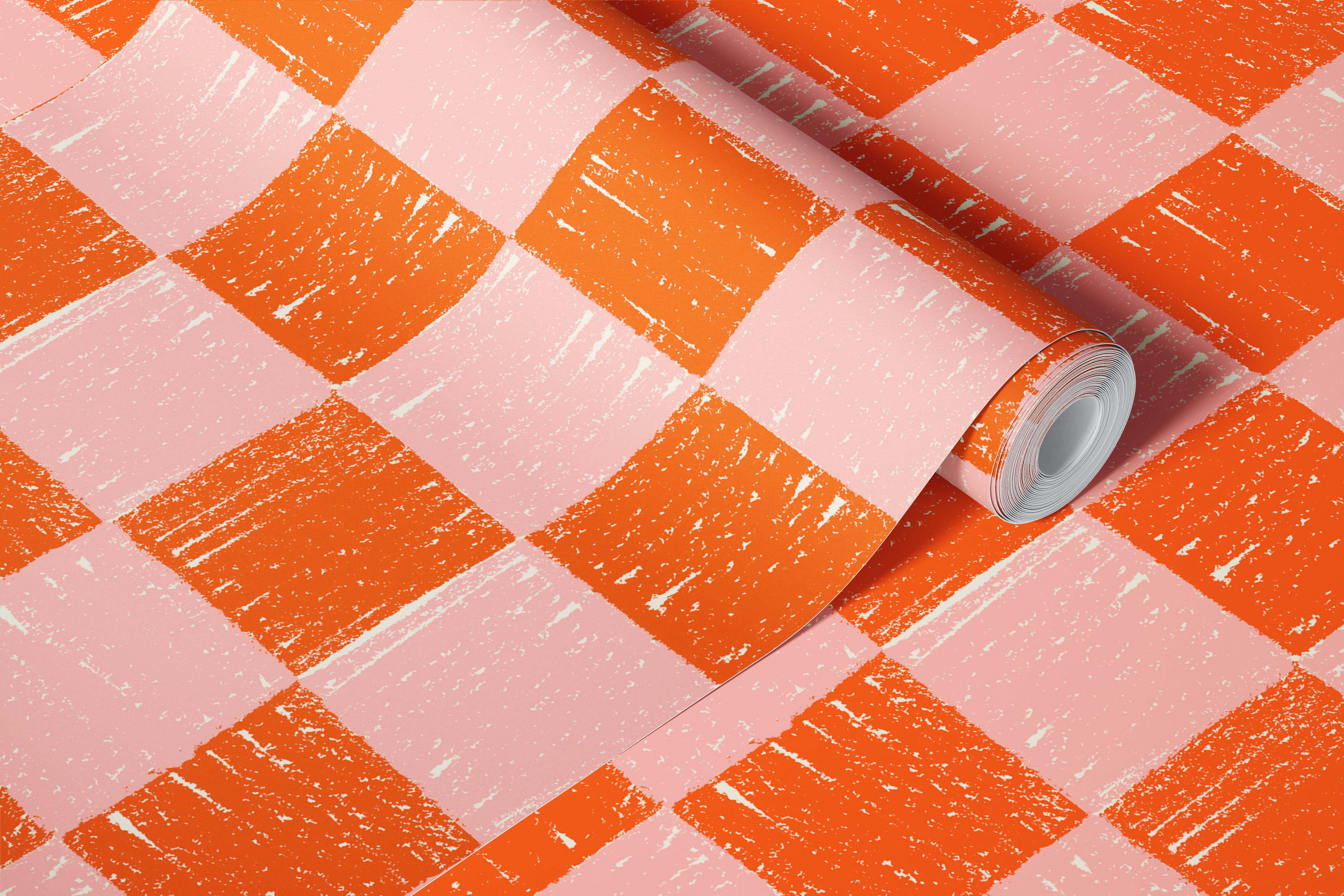 Hand drawn pink and orange checkerboard wallpaper
