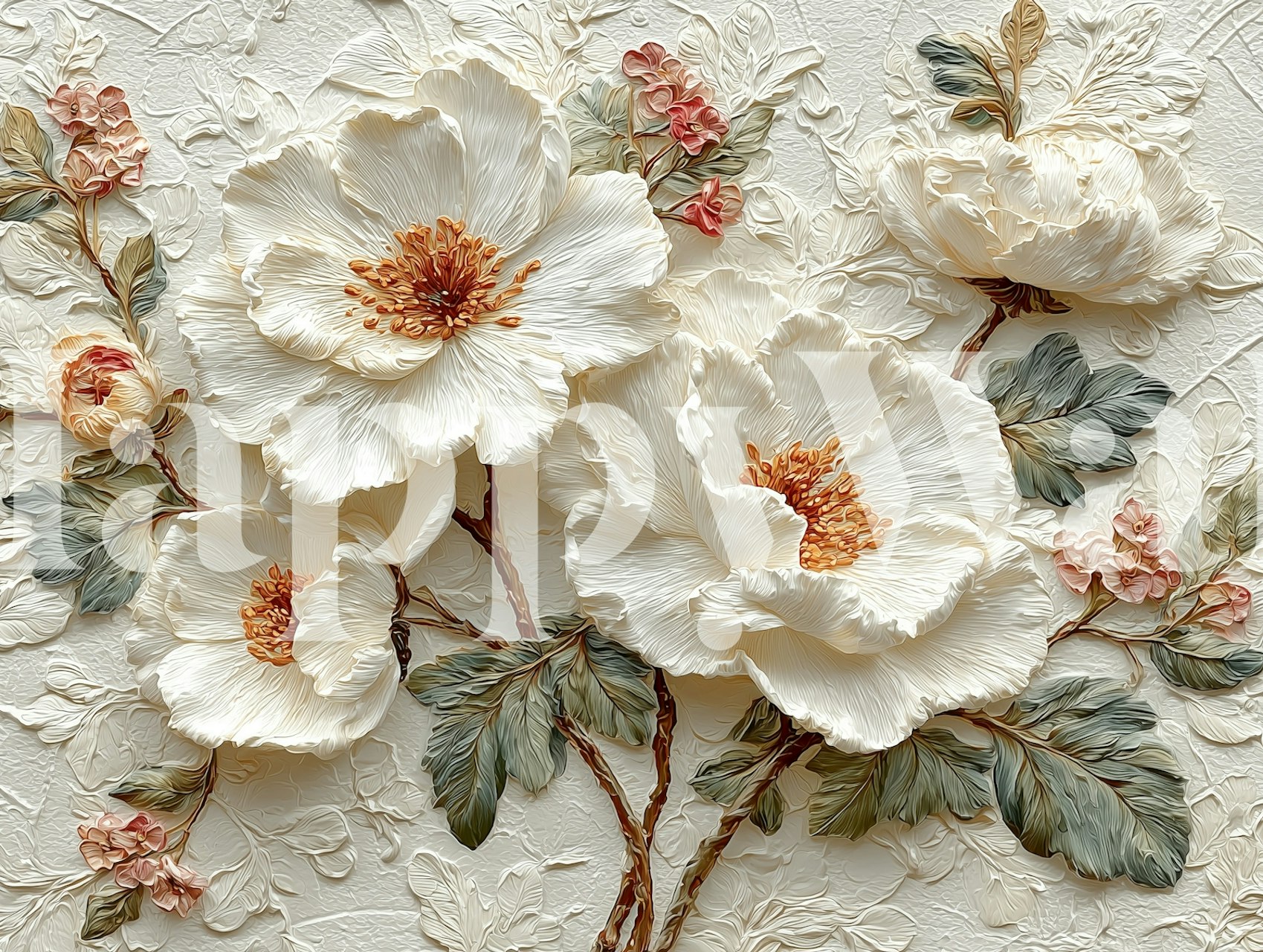Ivory floral stucco wallpaper in a room