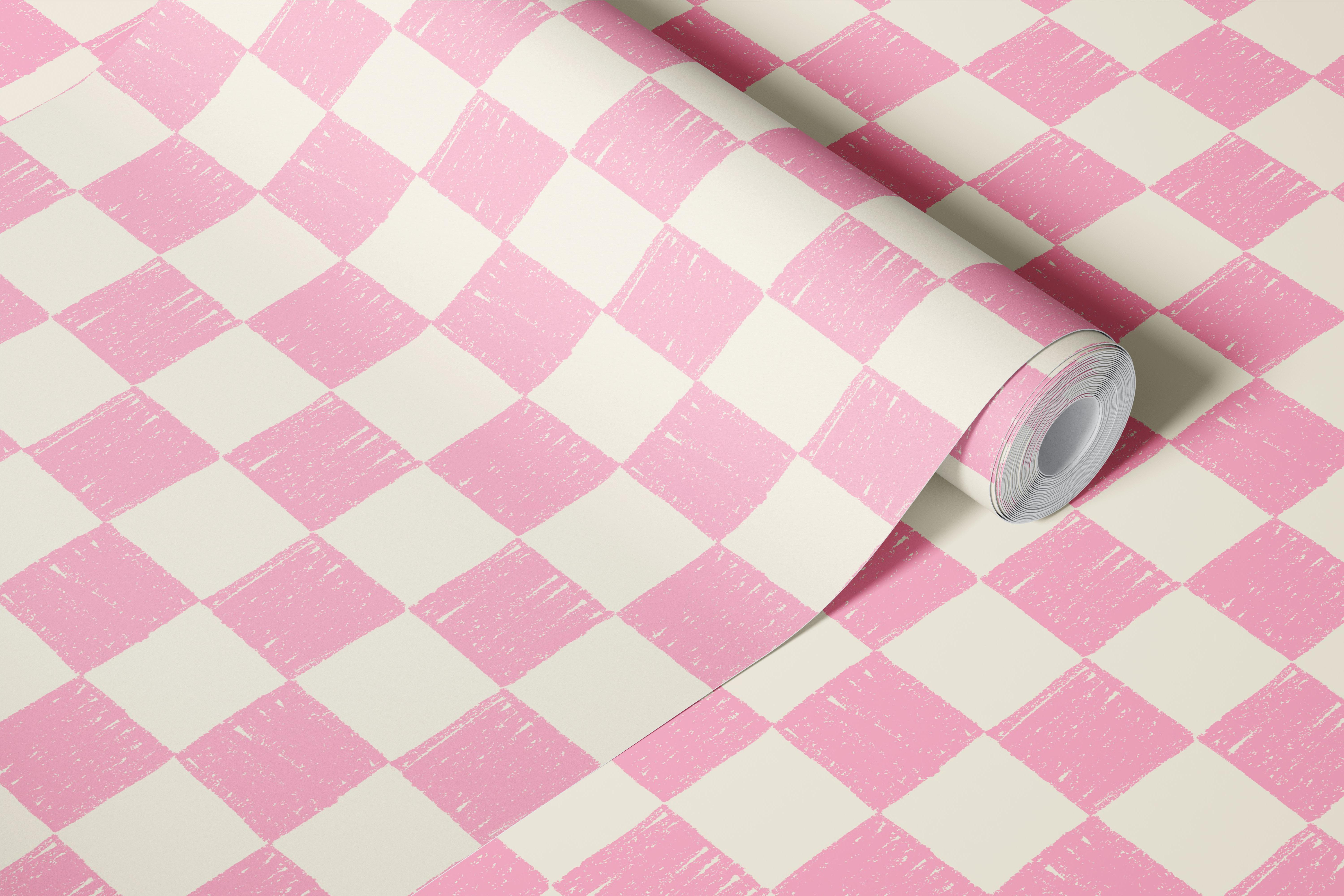 Hand drawn checkerboard pink wallpaper in a room