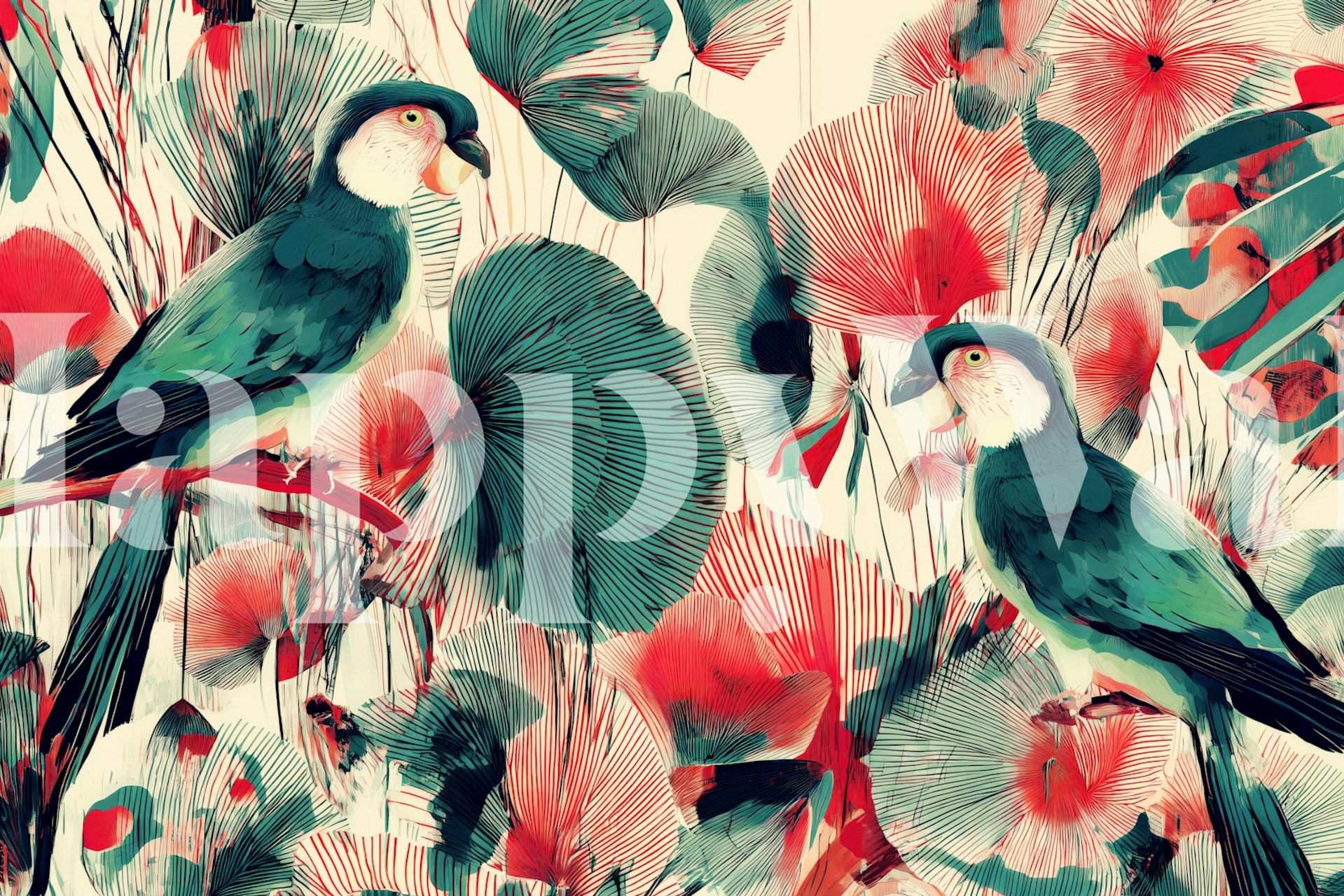 Vibrant jungle parrots wallpaper in a room