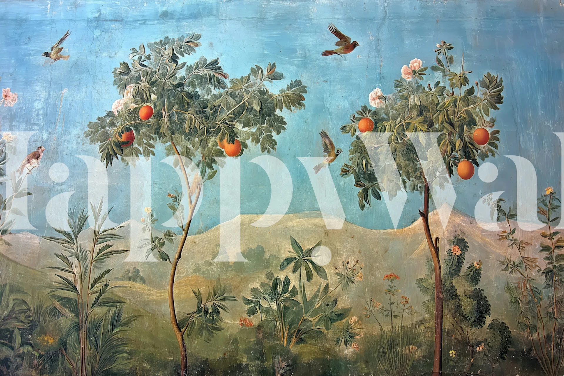 Serene fruit scene wallpaper in a room