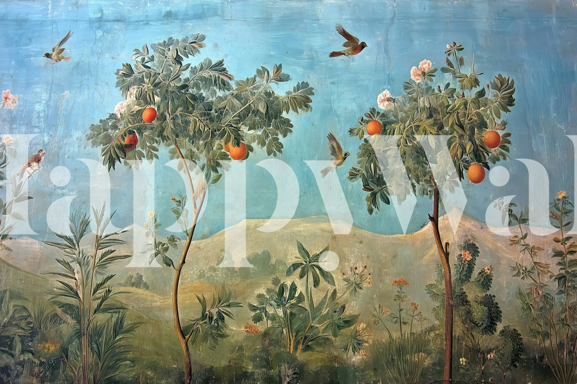 Serene fruit scene wallpaper in a room