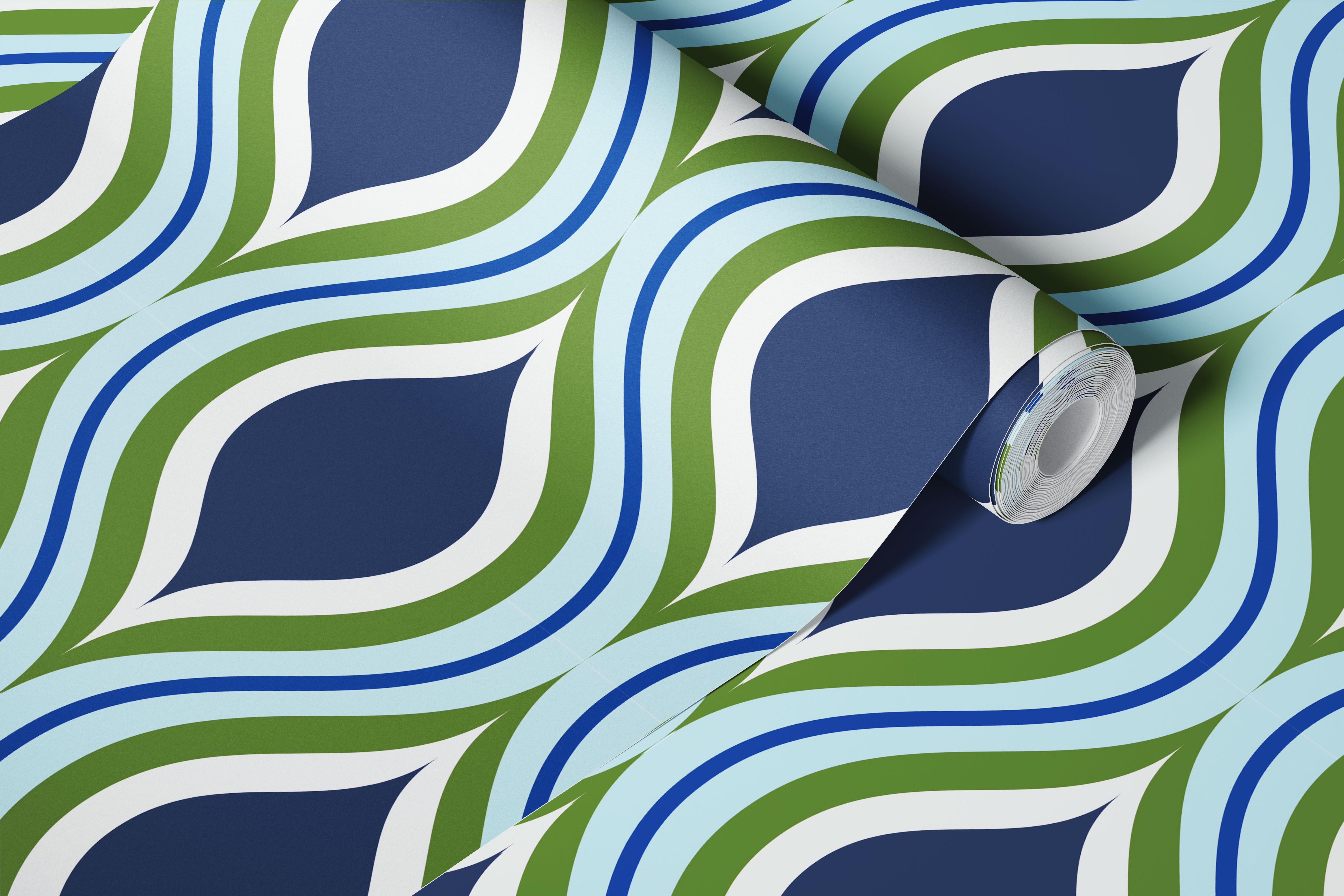 Blue green ogee pond wallpaper in a room