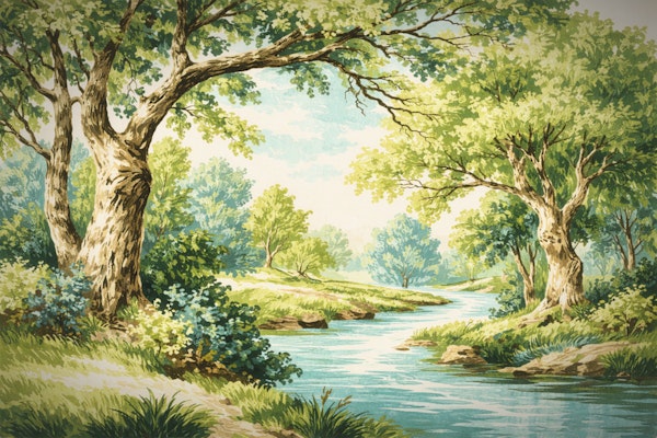Vintage Serene River Landscape