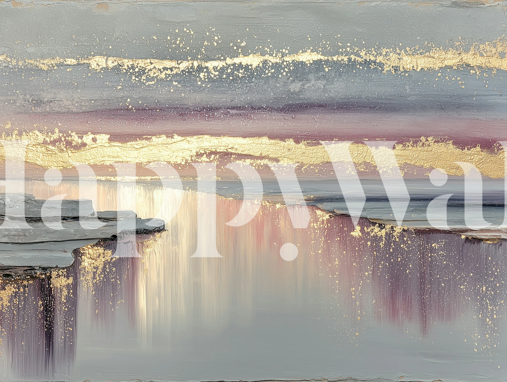 Tranquil sunset fractured painting wallpaper in a room