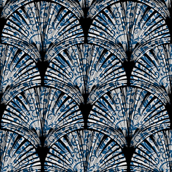 Art Deco Elegant Feather Scallops blue black