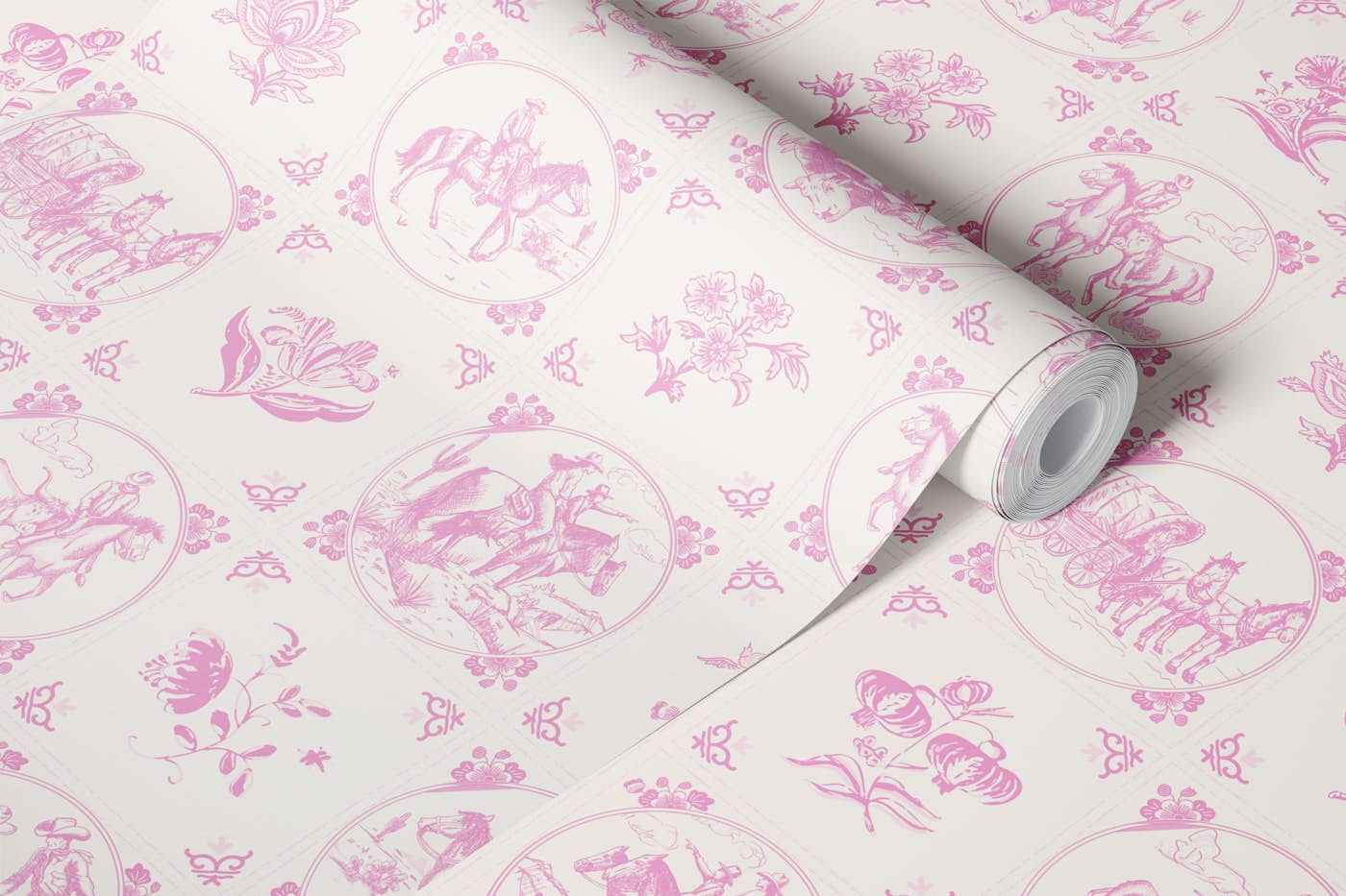 Rustic Cowboy Scene Tiles -Pink wallpaper roll