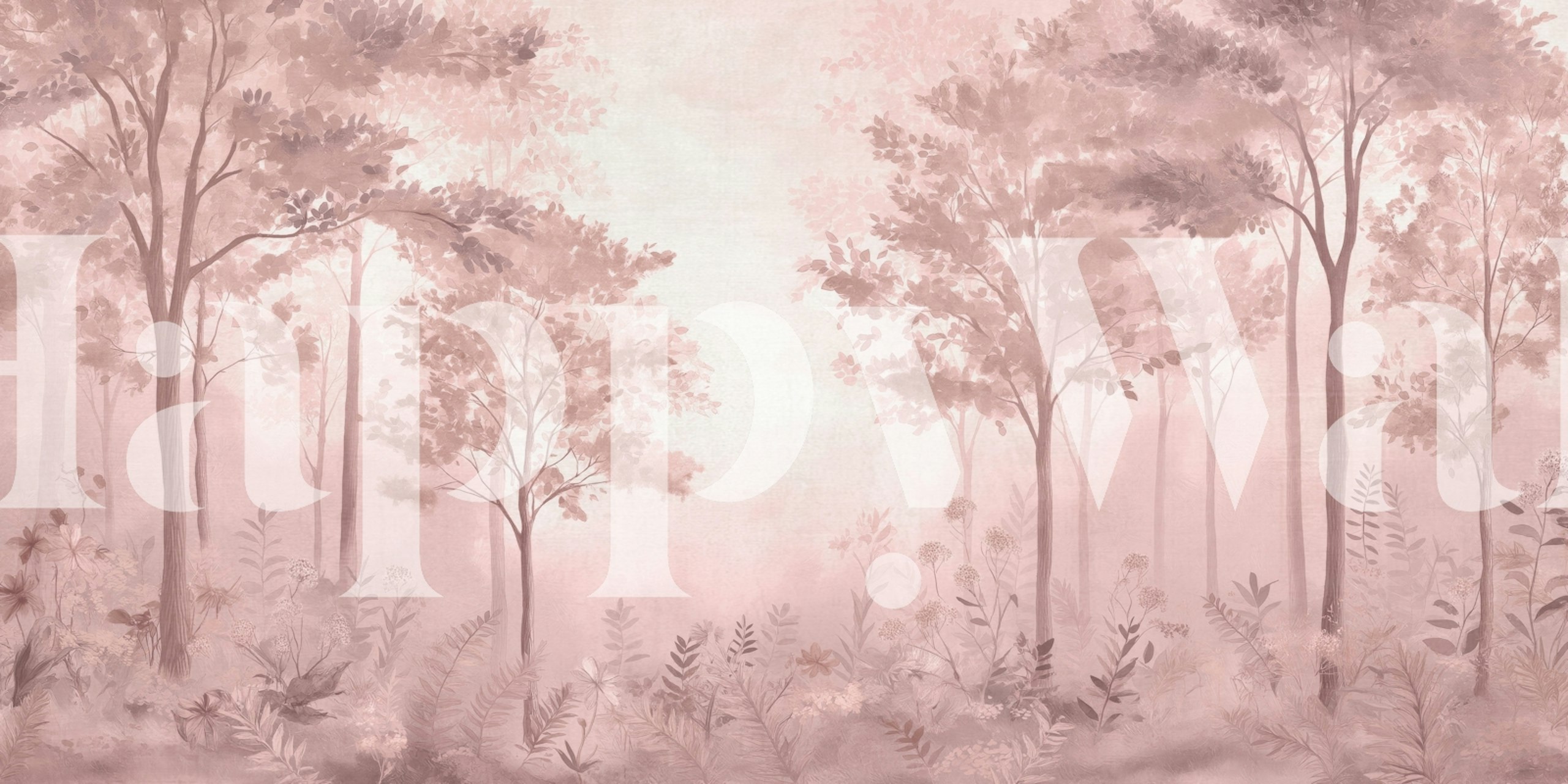 Dusty rose Scandinavian forest wallpaper in a room