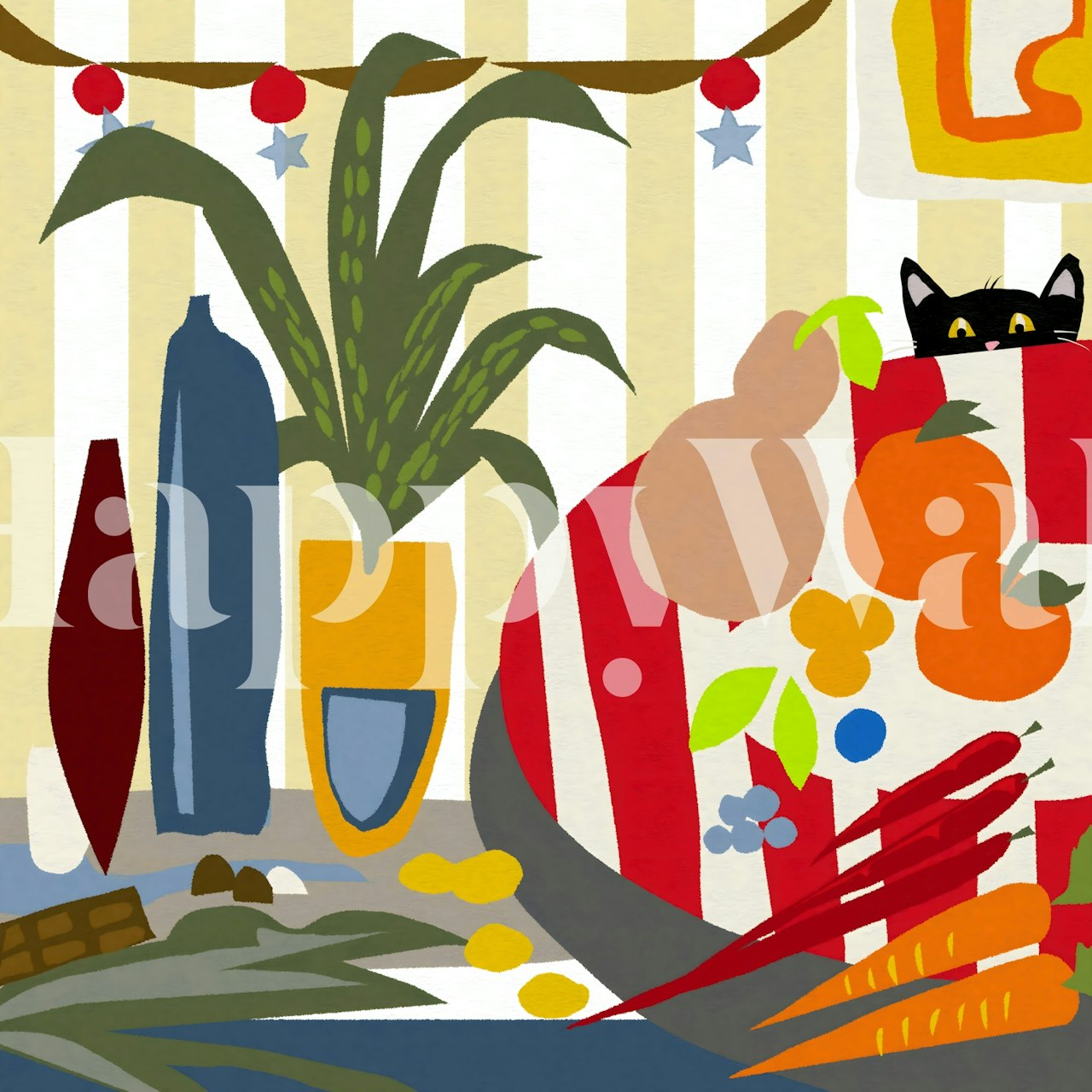 Playful cat wallpaper in kitchen setting