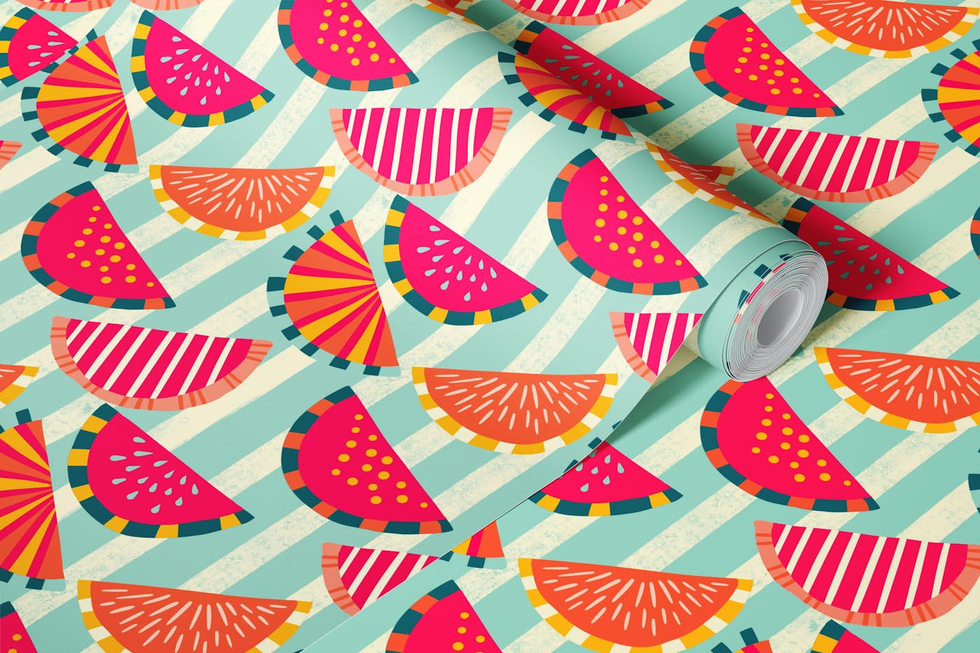 Melon pop super pink on stripes wallpaper roll