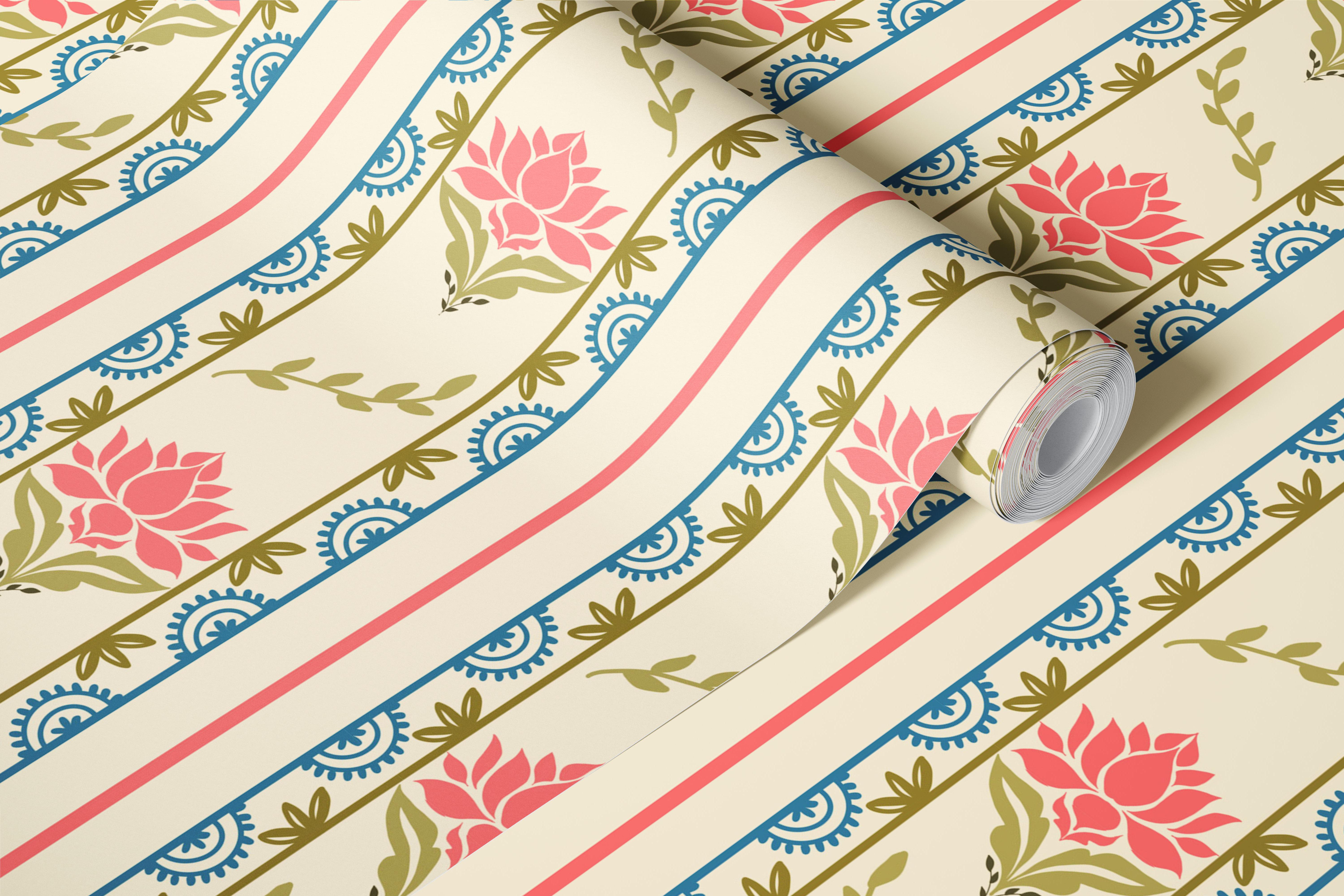 Vintage Lotus Border Stripes wallpaper in a room
