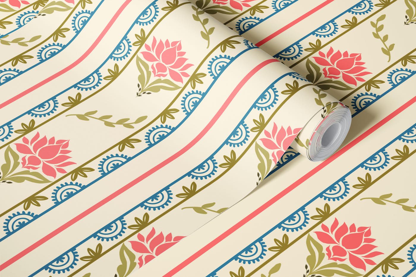 Vintage Lotus Border Stripes wallpaper roll