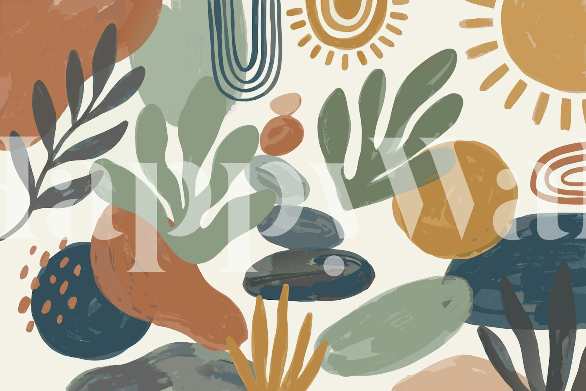 Boho abstract leaves and suns wallpaper in a room