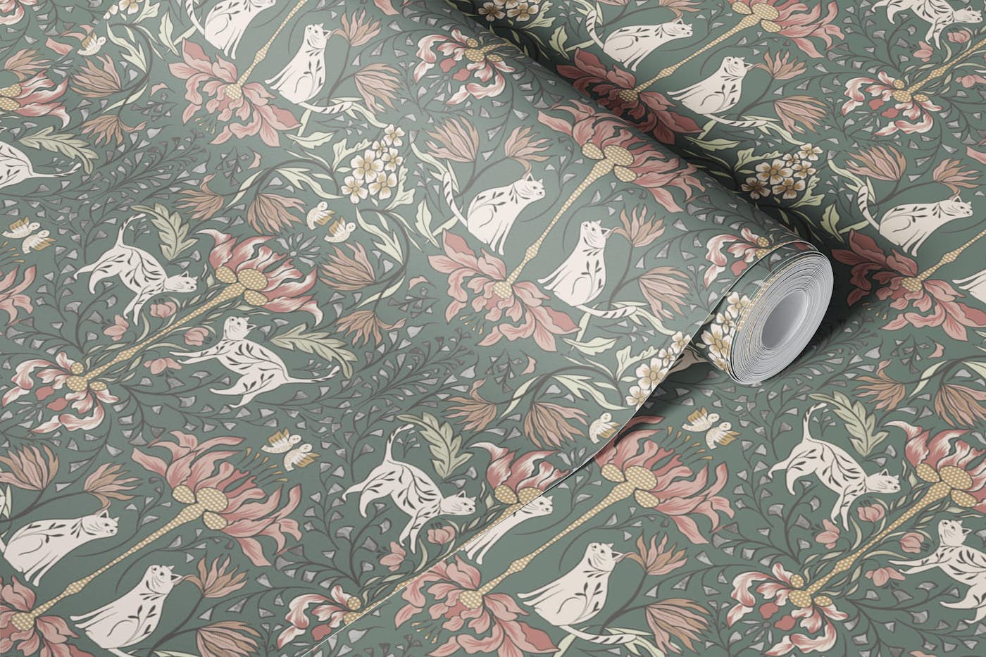 Meow in Bloom – Forest Green wallpaper roll