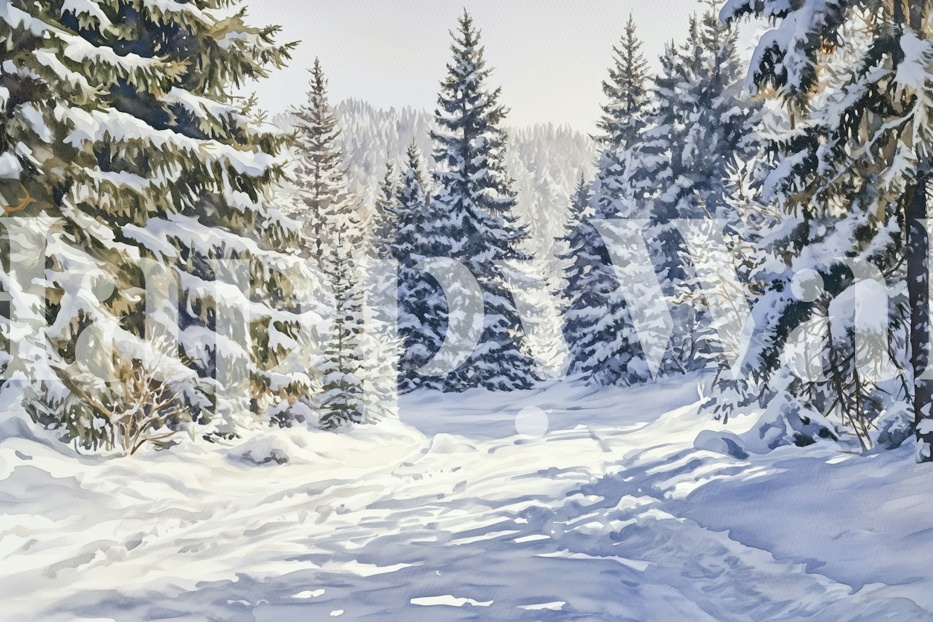 Snowy pine forest path wallpaper in a room