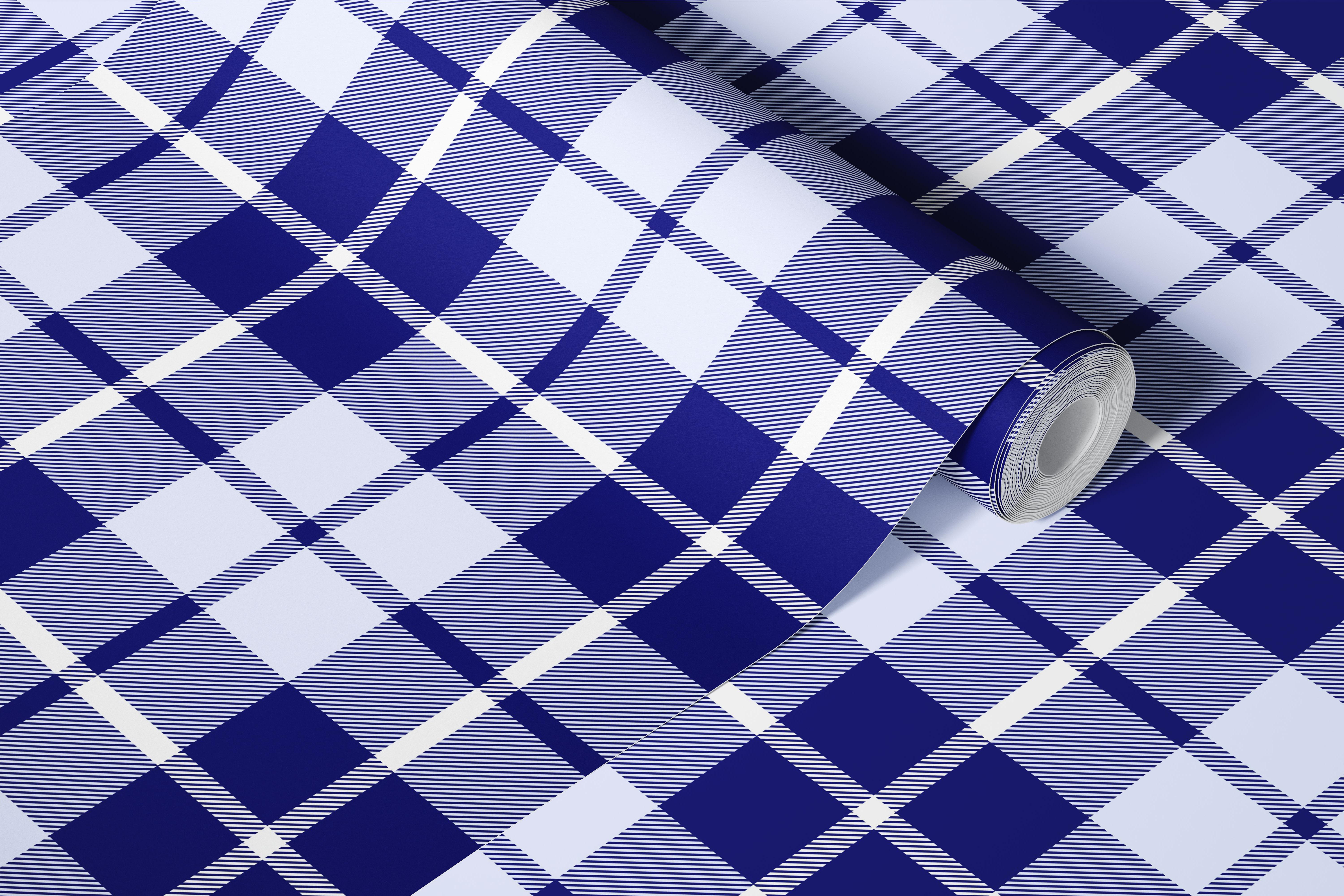 Navy blue plaid check wallpaper in a room