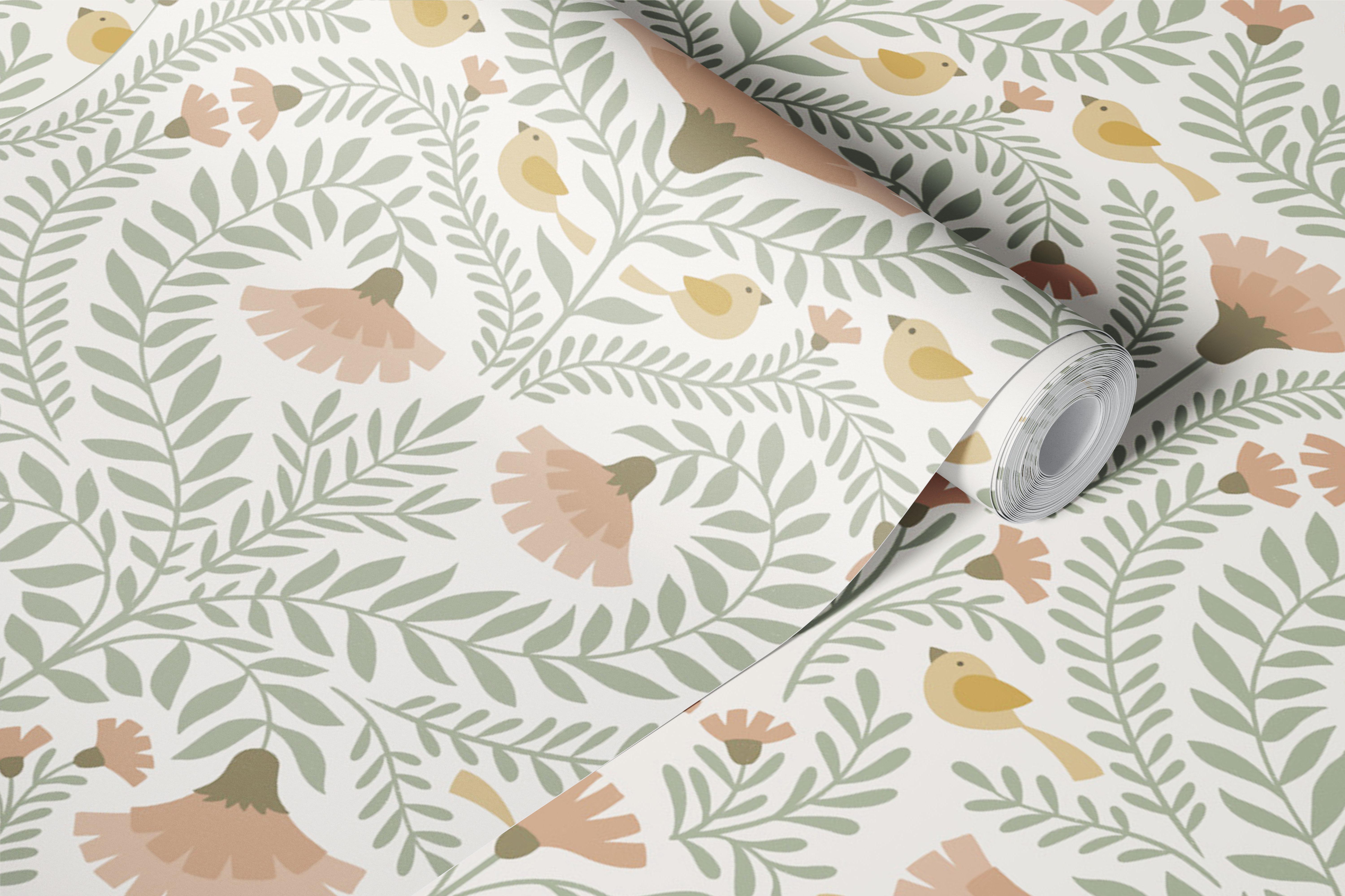 Vintage folk floral wallpaper in a sage green room