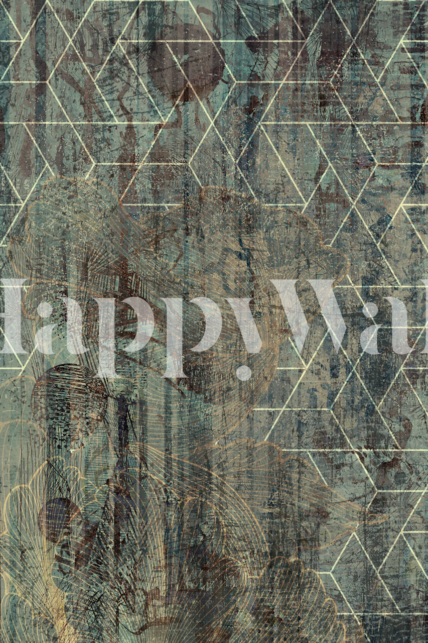 Hexagon Grid Rustic Teal wallpaper in a room