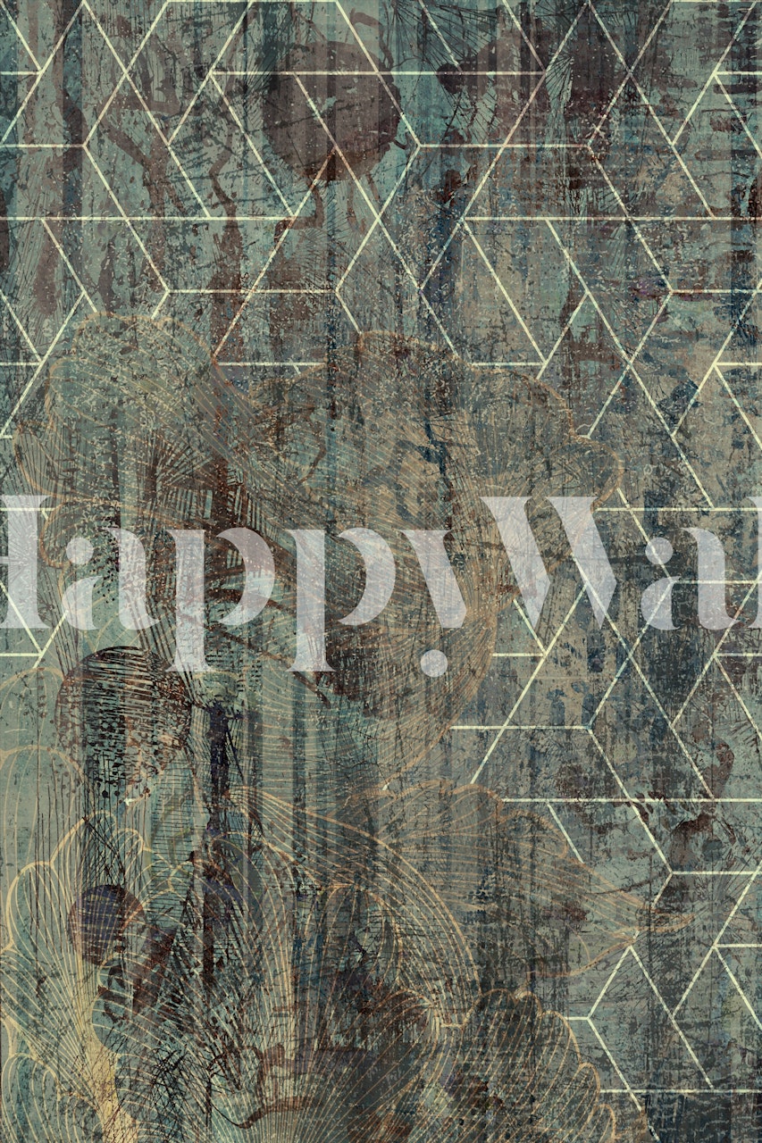 Hexagon Grid Rustic Teal wallpaper in a room