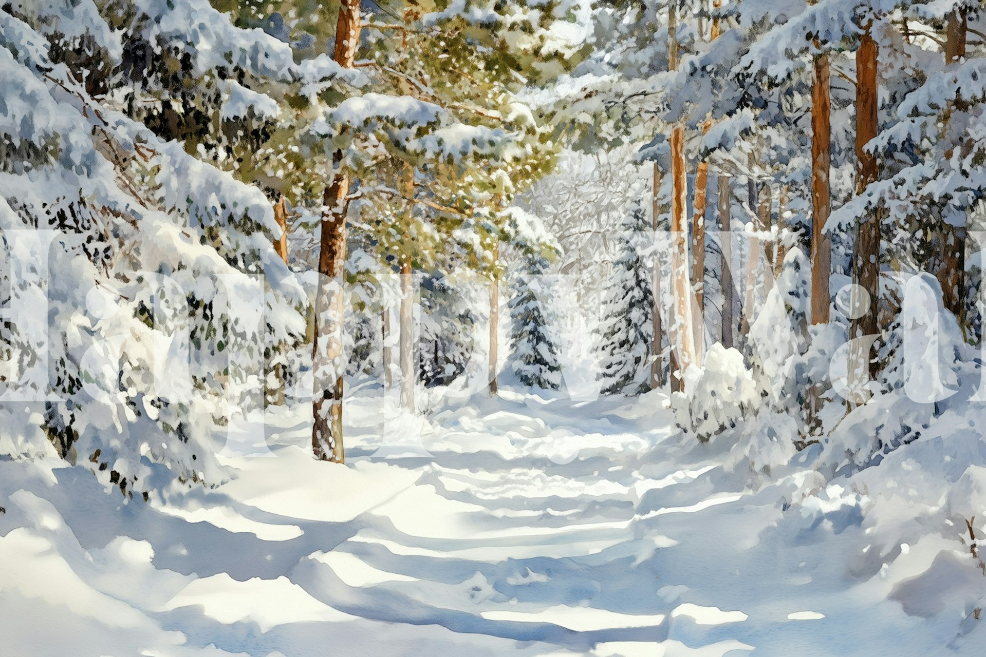 Serene winter pine woods wallpaper in a room