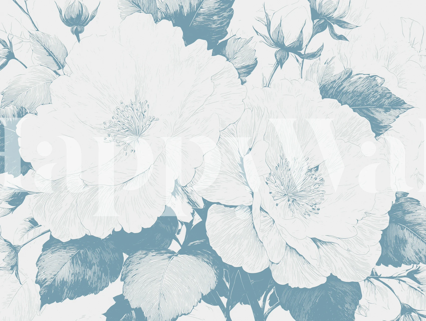 Dusty Blue Botanical Sketch wallpaper in a room