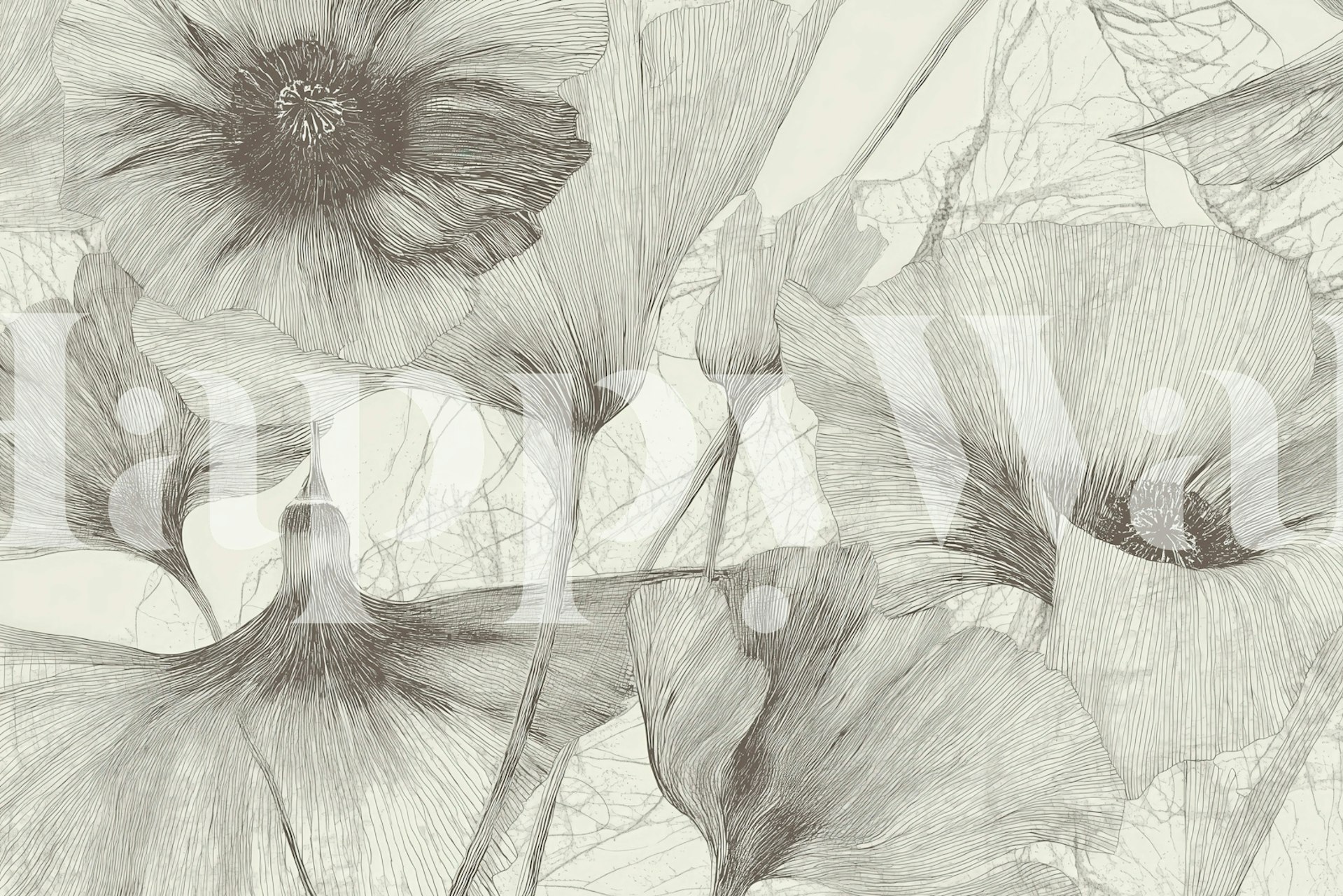 Botanical line art blossoms wallpaper in a room