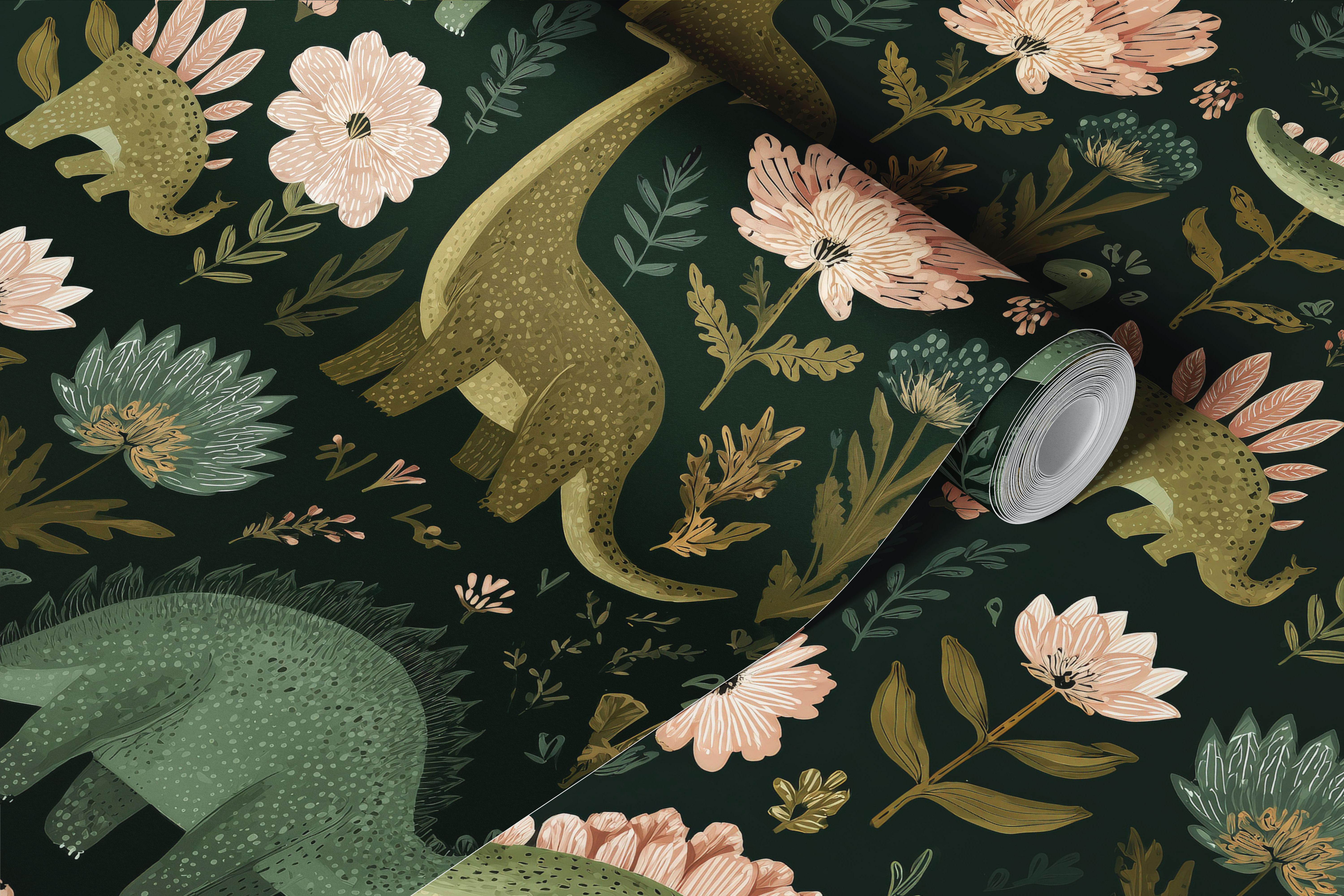 Whimsical dinosaurs and flowers wallpaper in a room