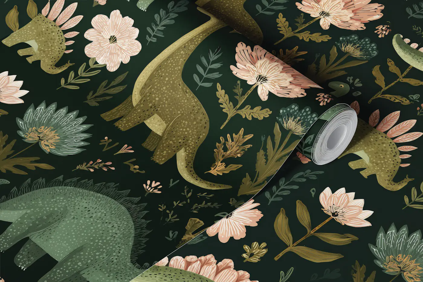 Whimsical Dinosaurs and Flowers wallpaper roll