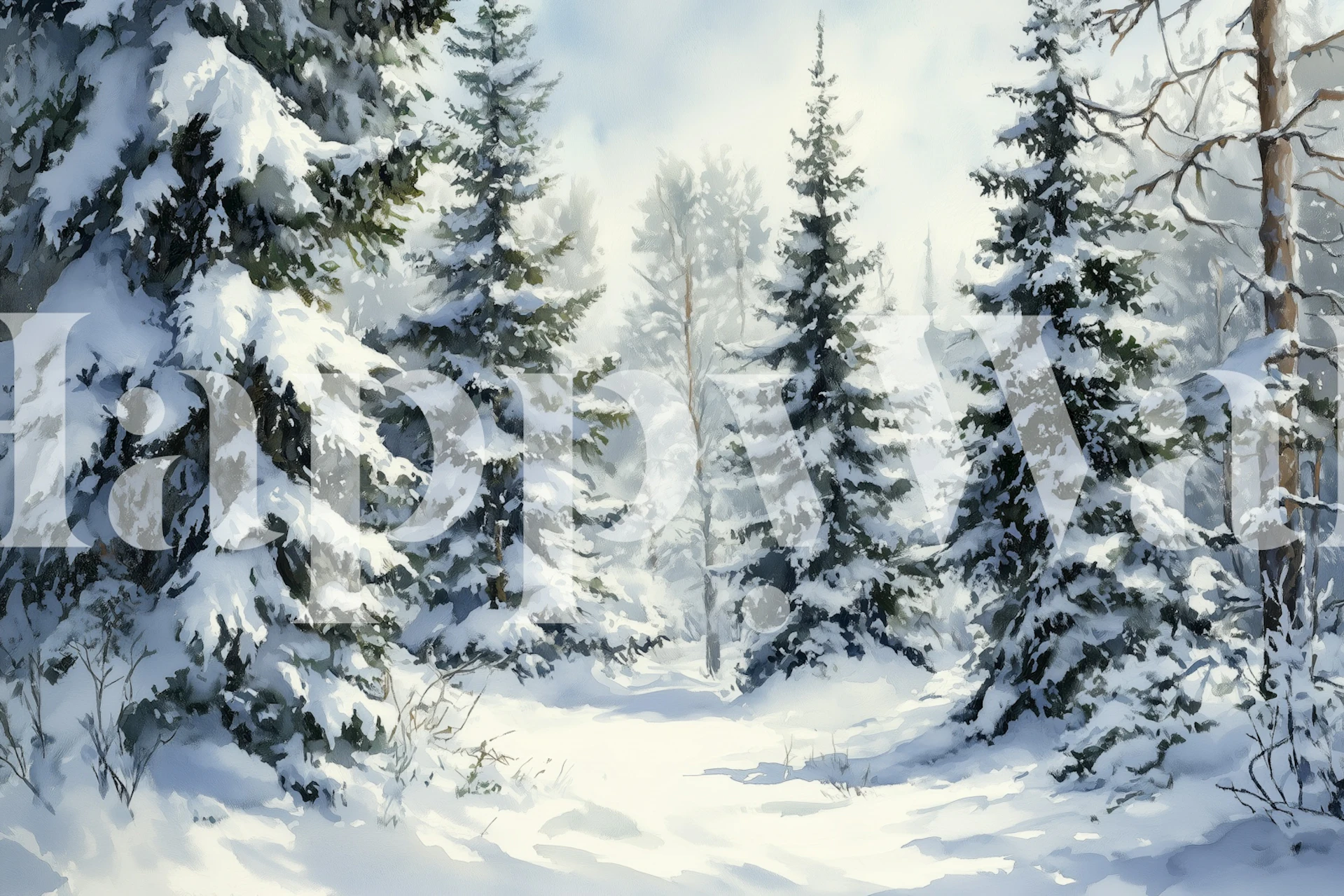 Misty forest path wallpaper in a room