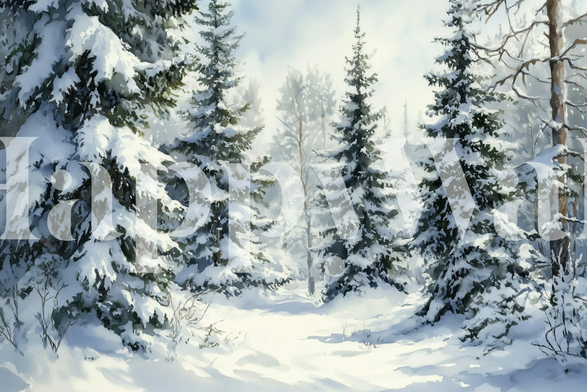 Misty forest path wallpaper in a room