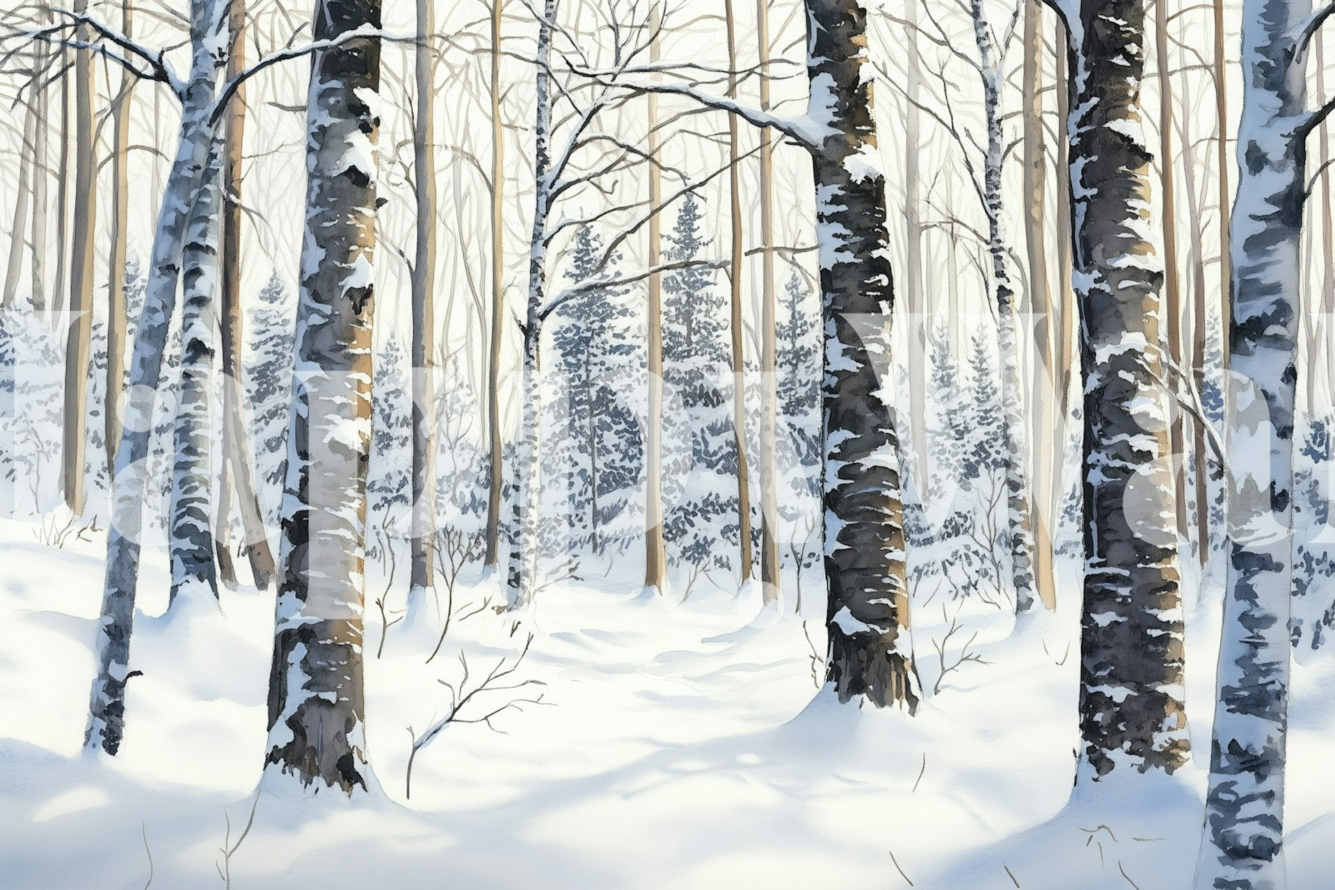 Birch forest in fresh snow wallpaper