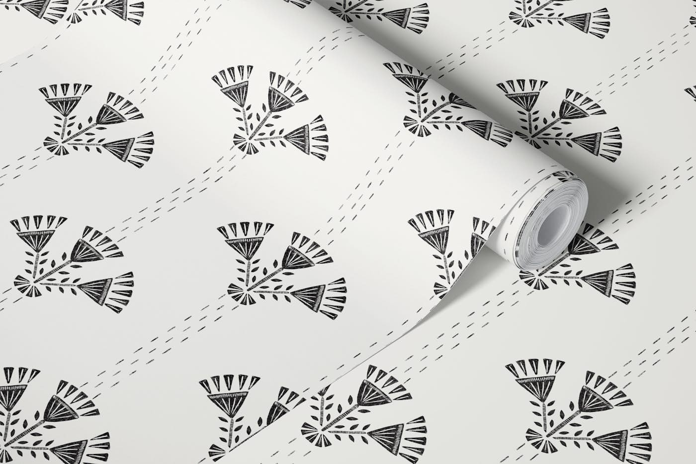 Rustic Block Print Flowers - Black Off White wallpaper roll