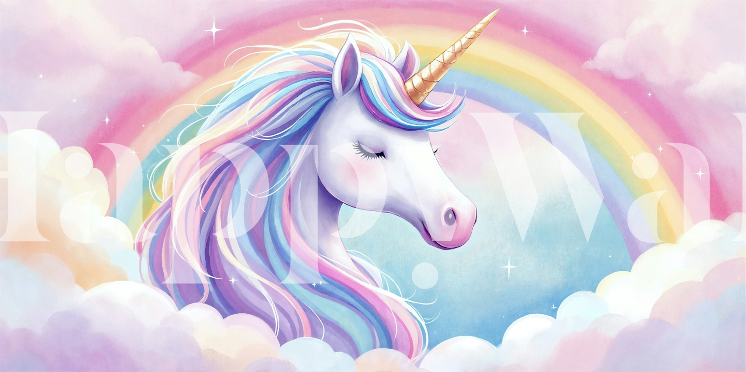 Sleeping unicorn wallpaper with rainbow clouds