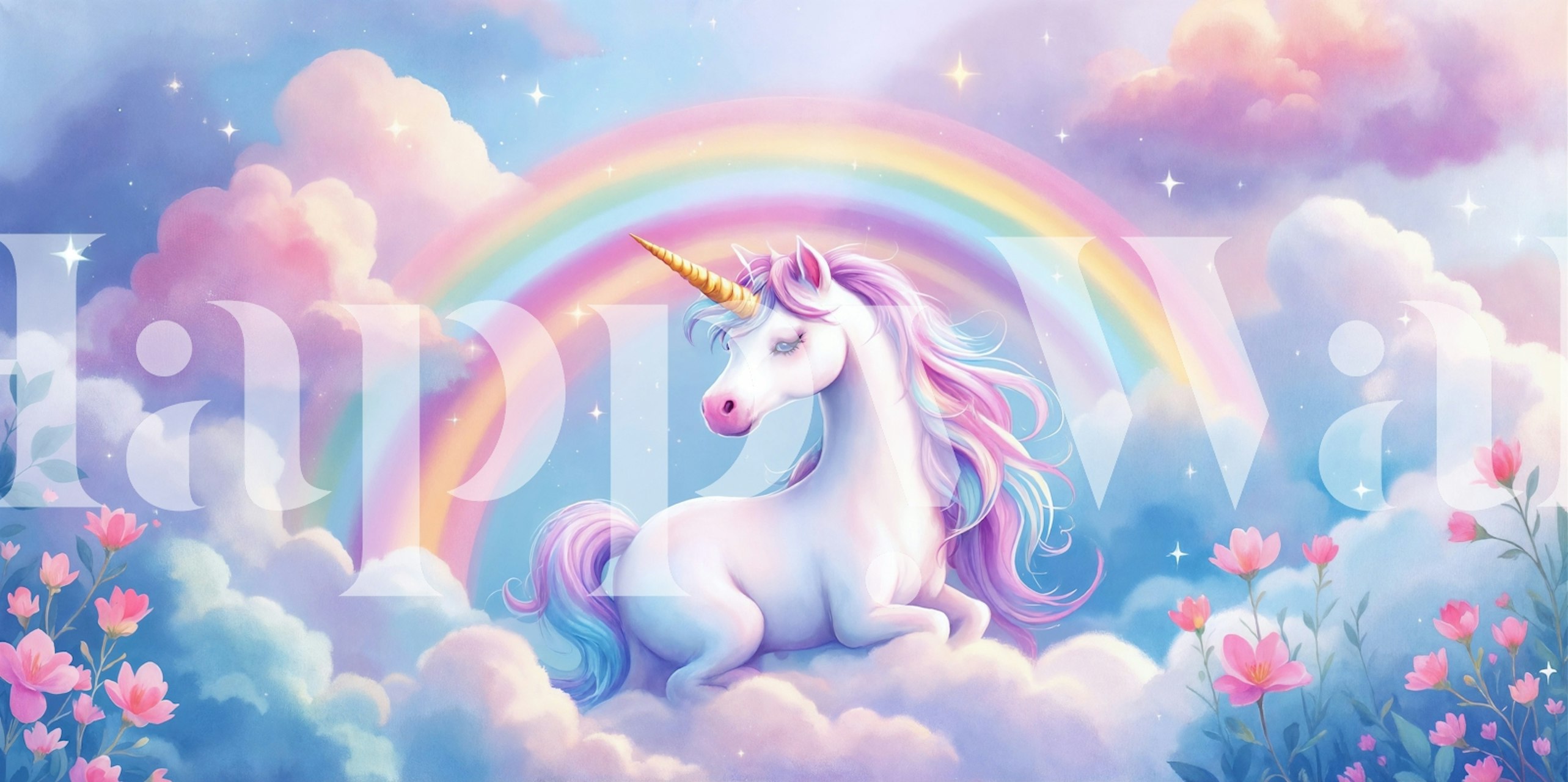 Dreamy unicorn wallpaper in a bright room