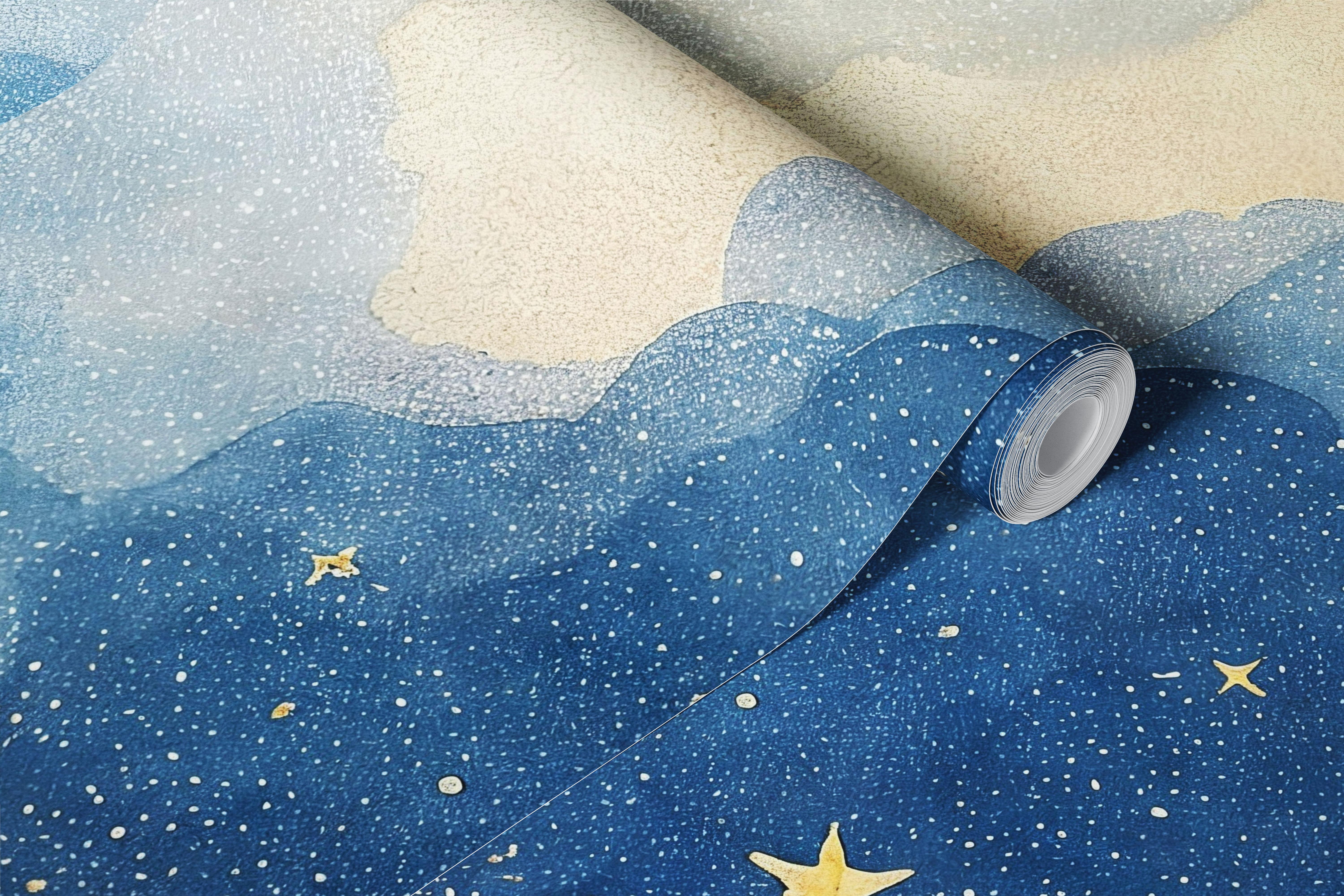 Dreamy blue galaxy clouds wallpaper in a room