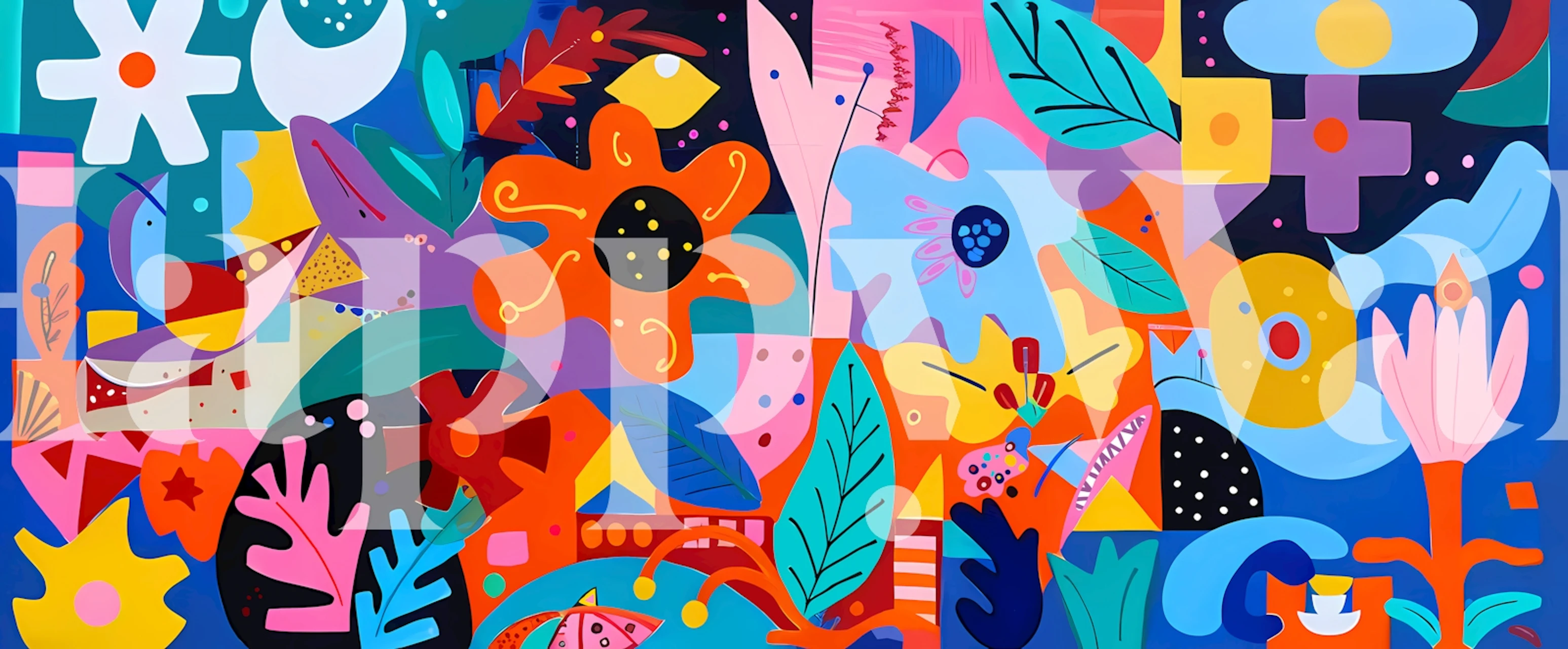 Vibrant abstract floral collage wallpaper in room