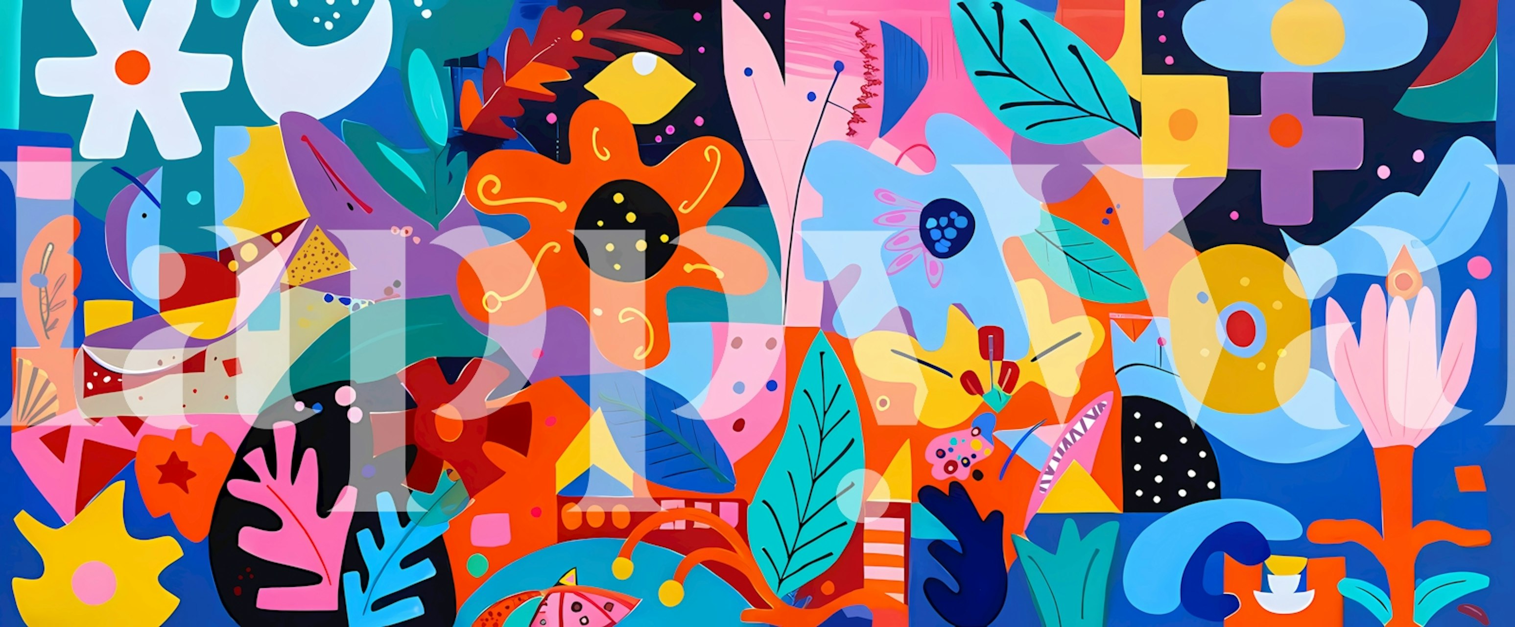 Vibrant abstract floral collage wallpaper in room