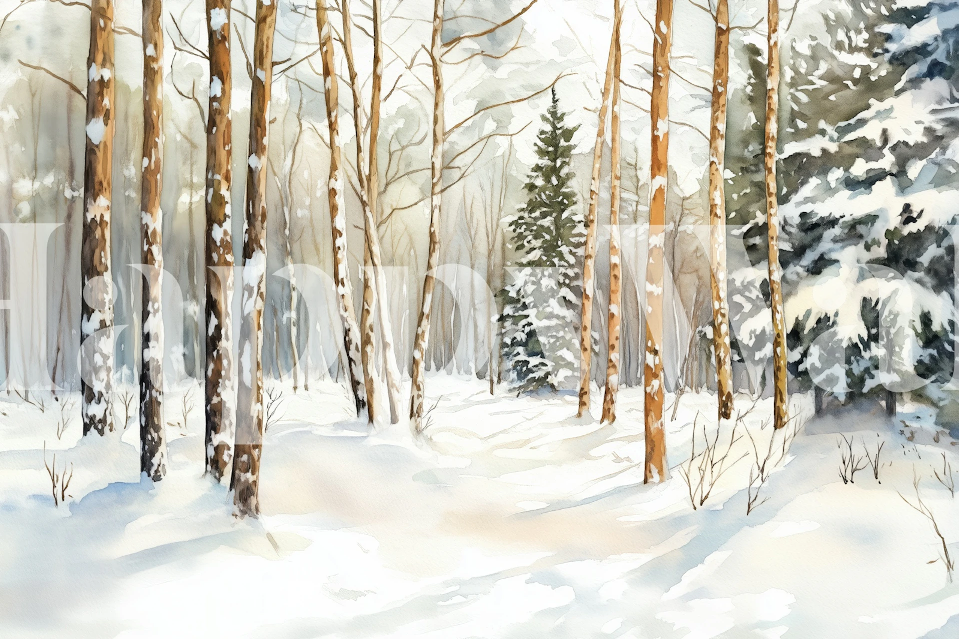 Serene winter forest wallpaper in a room