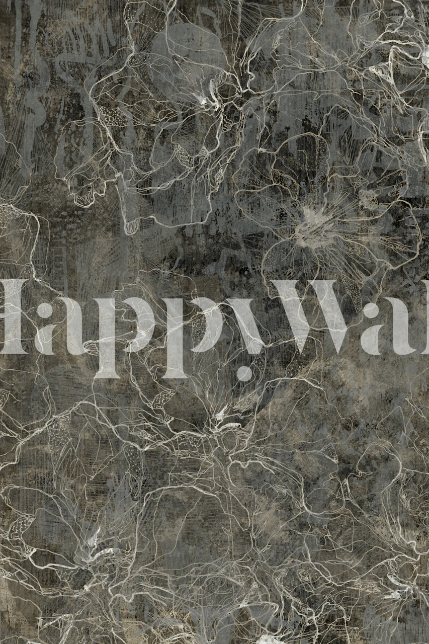 papel de parede Vintage Gray Botanical Etching em um quarto