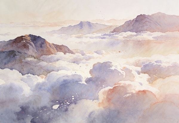 Watercolor Mountains Above Clouds