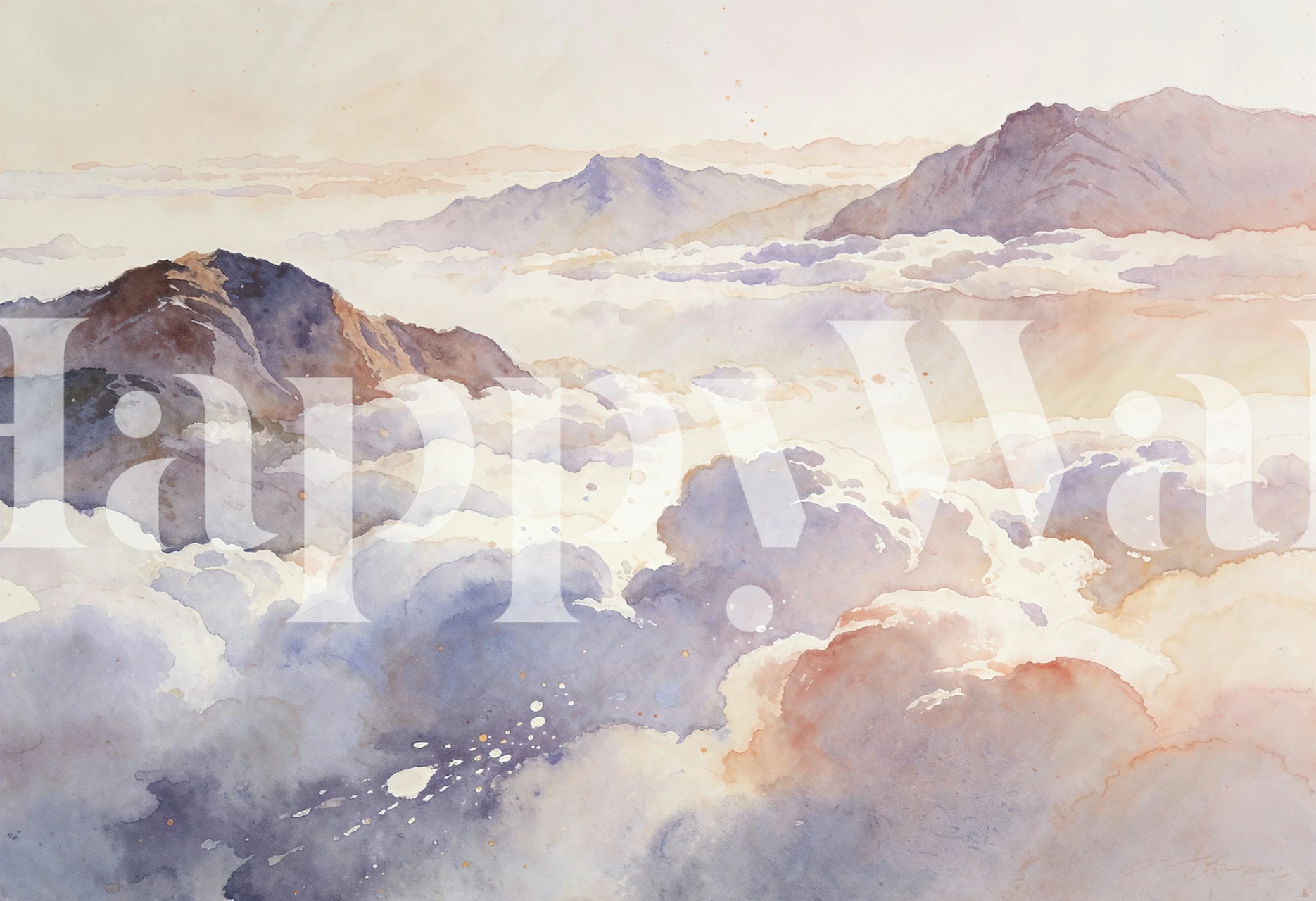 Watercolor mountains above clouds wallpaper in a room