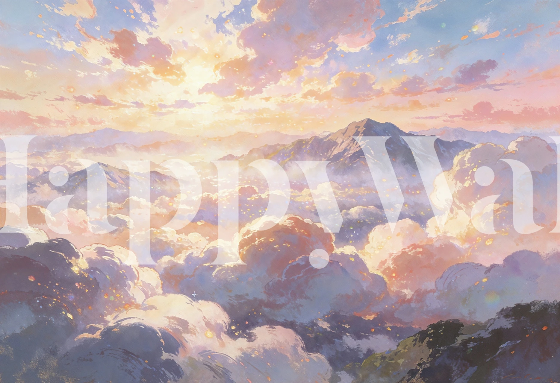 Golden dawn wallpaper with misty mountain view