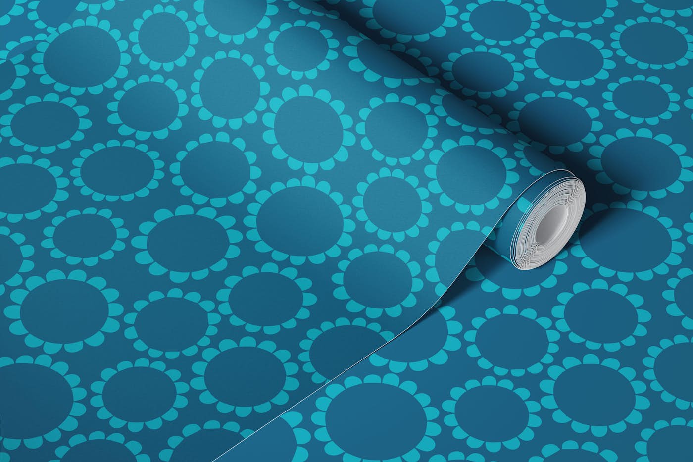 Daisy circles - turquoise on teal wallpaper roll