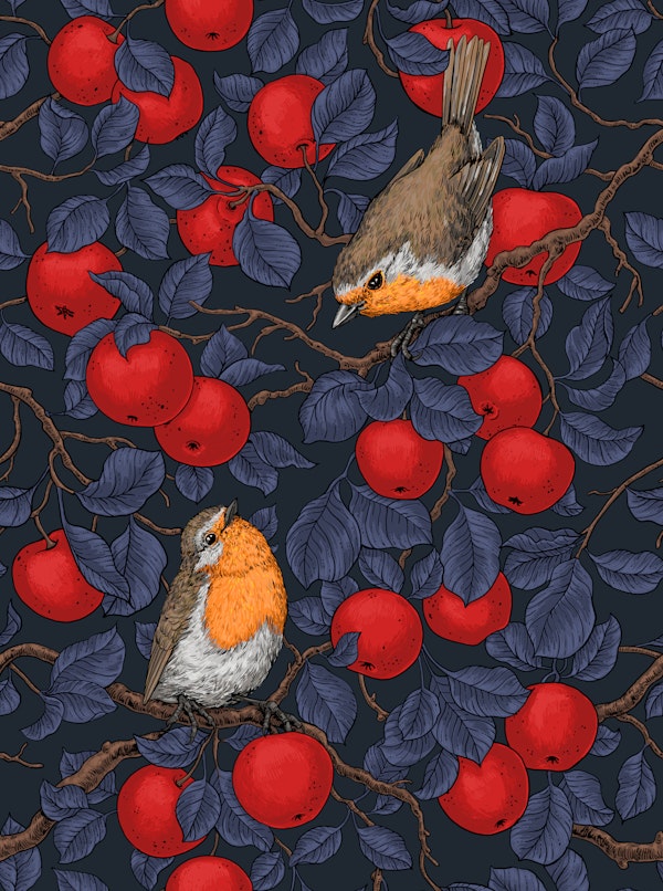 Robins in the apple tree blue and red