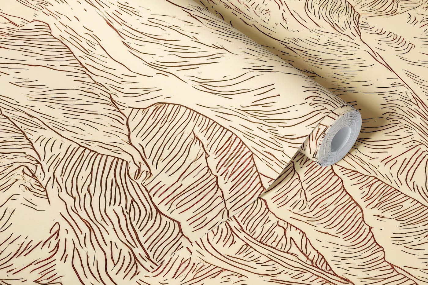 Engraved Mountain Landscape in Beige Tones wallpaper roll
